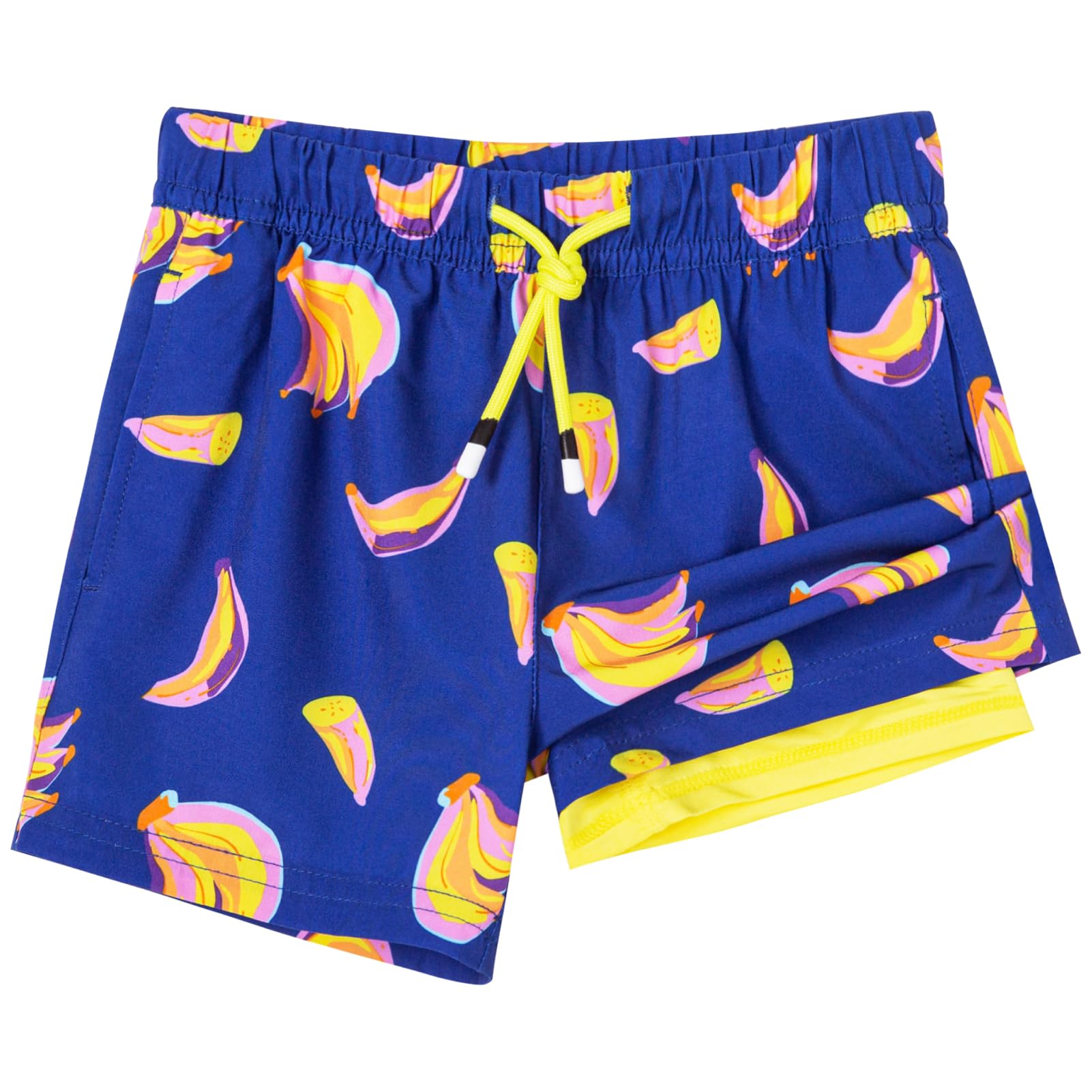 SURF CUZ Boys Swim Trunks with Boxer Brief Liner 2 in 1 Toddler Stretch Swimsuit Shorts Quick Dry Swimming Bathing Suit Dancing Banana 10/12