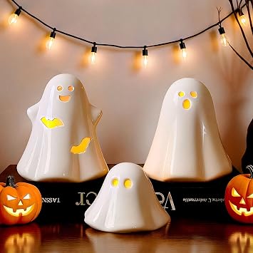 Halloween Decorations Big Ceramic Ghost Figurines 3ct Spooky Light Up Ghost Decor with LED Lights, Cute Pastel Farmhouse Table Tiered Tray Fireplace Halloween Decor for Kids Home Office Party