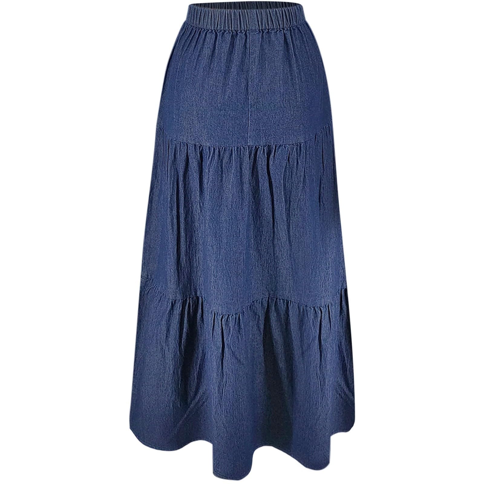 Falda Larga Vaquera Informal para Uso Diario, Falda Vaquera de Largo Midi para Verano y Entretiempo, Cintura Alta con Botones, Corte Recto, Bolsillos, Denim Suave