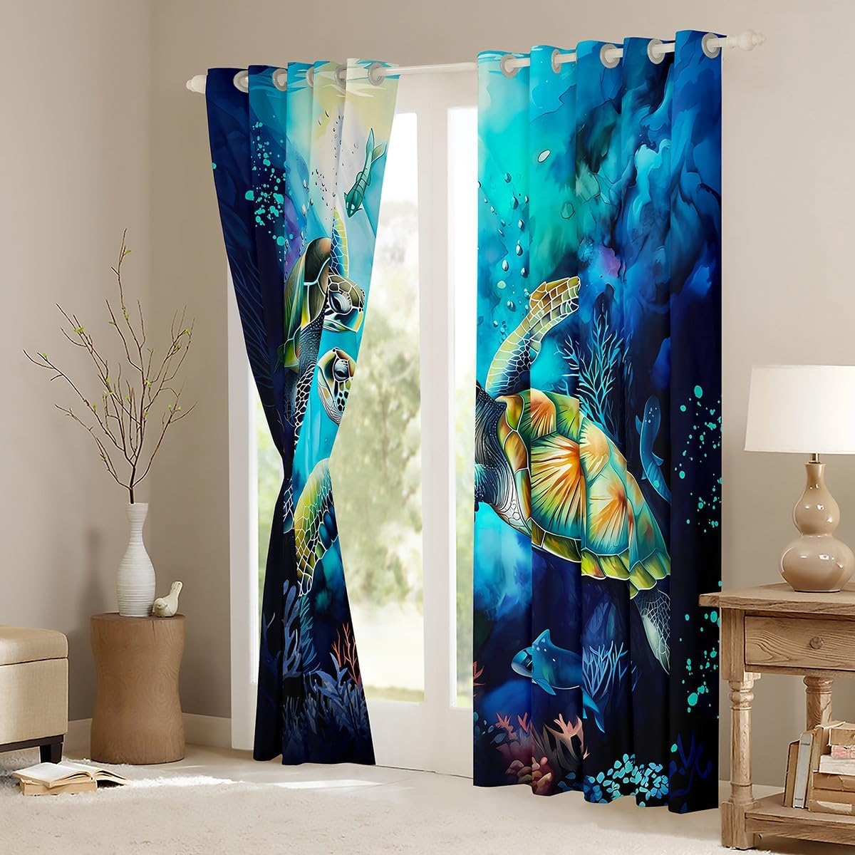 Feelyou Sea Turtle Blackout Curtains (2 Panels, 38 x 45 Inch) Ocean Curtains for Bedroom Children Sea Creature Underwater World Seaweed Coral Fish Darkening Drapes Blue Window Treatments