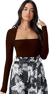 Slim Fit Casual Square Neck Long Sleeve Fitted Solid T Shirts Tops for Women's & Girl's (176_Orange_S)