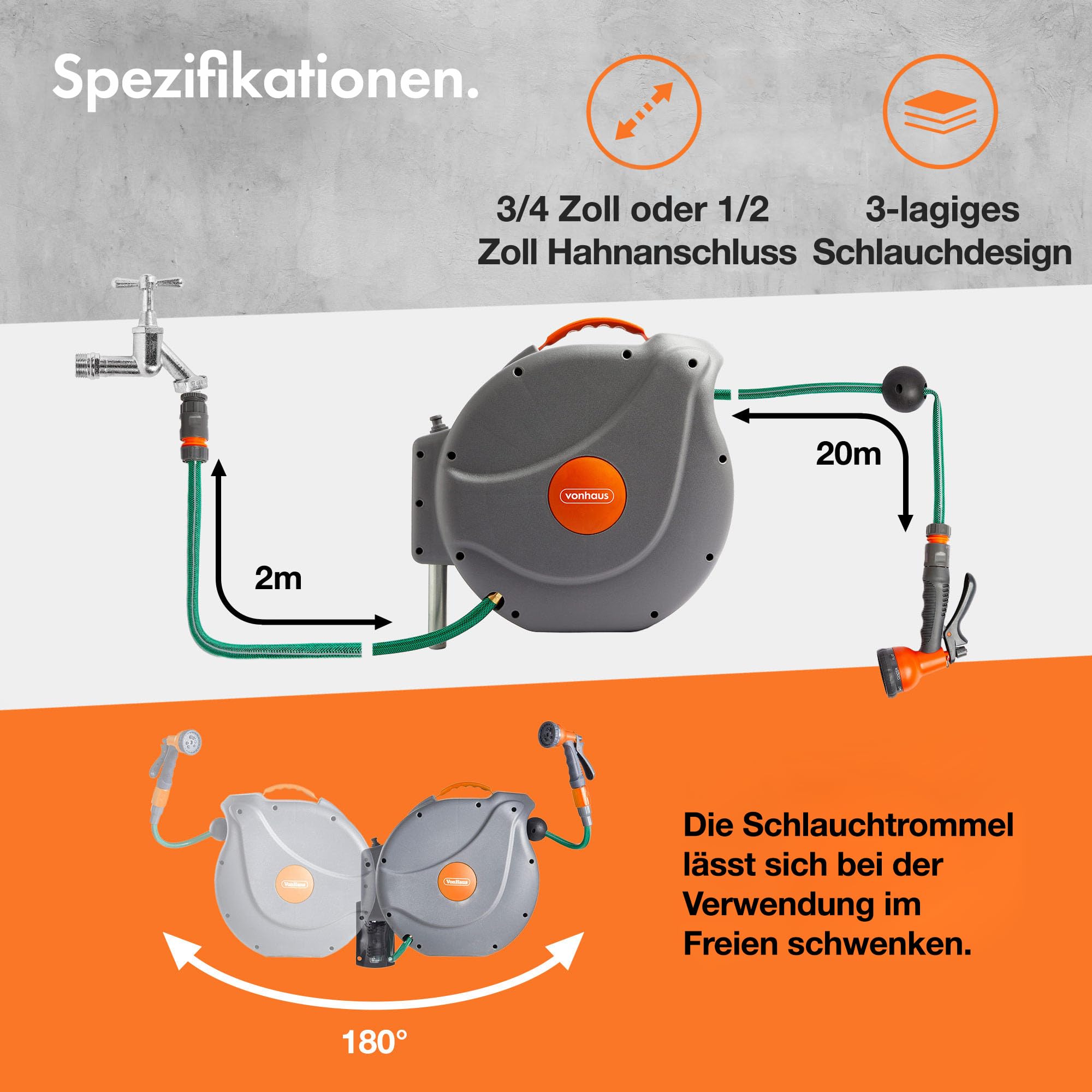 VonHaus Schlauchtrommel 20m, Wandmontierte Gartenschlauch Trommel mit Automatischer Aufrollfunktion, Auto Lock, 180° Schwenkbar Schlauchbox, Schlauchaufroller Inkl. 8 Funktionen Sprühpistole