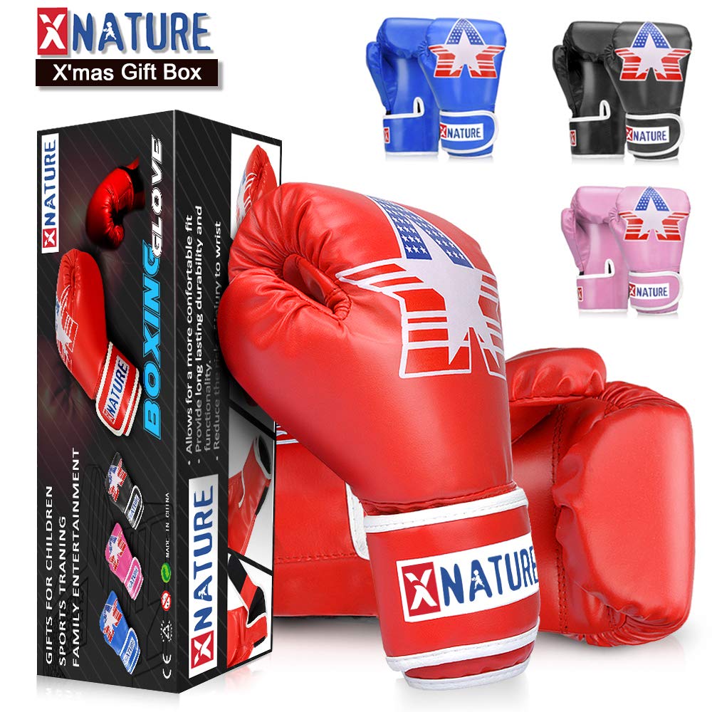 Xnature 4oz 6oz 8oz PU Kids Boxing Gloves,Gift Box Children Kickboxing Sparring Youth Boxing Or Training Gloves Age 5-12 Years for Christmas and Birthday Present (with Gift Box Red Boxing Gloves)