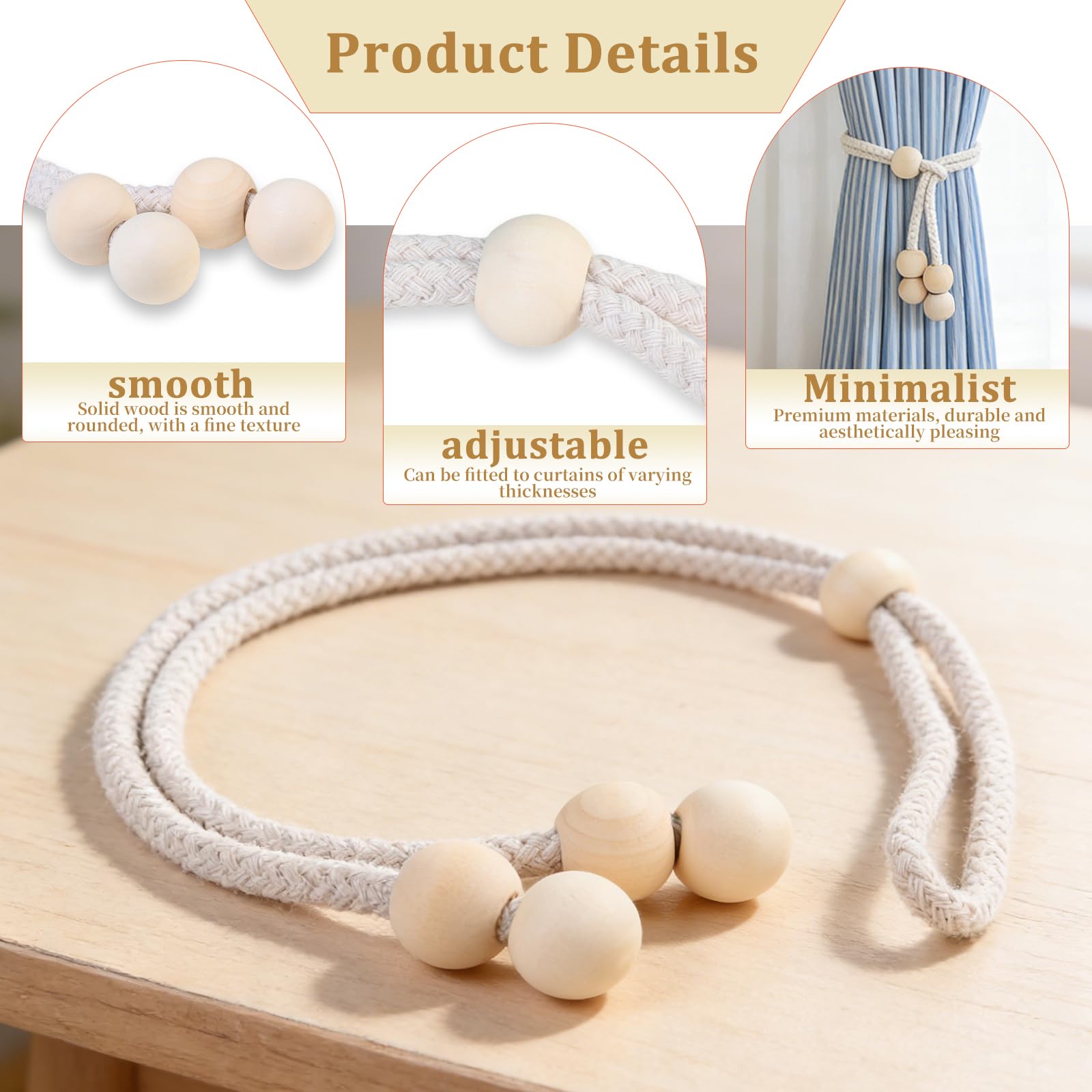 Set di Fermatenda Regolabili con Perle di Legno, 4 Pezzi, Design Elegante e Rustico per Raccogli Tenda, Facili da Installare, Perfetti per Casa e Ufficio