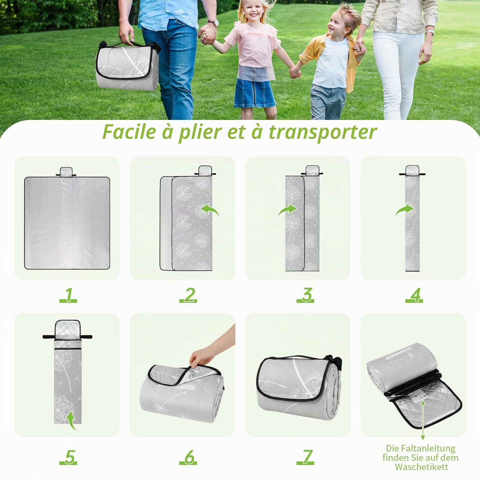 HAUSPROFI Couverture de pique-nique imperméable XXL - Couverture de plage - Couverture de pique-nique - Avec piquets, poignée de transport et bandoulière - Pour l'extérieur, pique-nique, jardin, plage