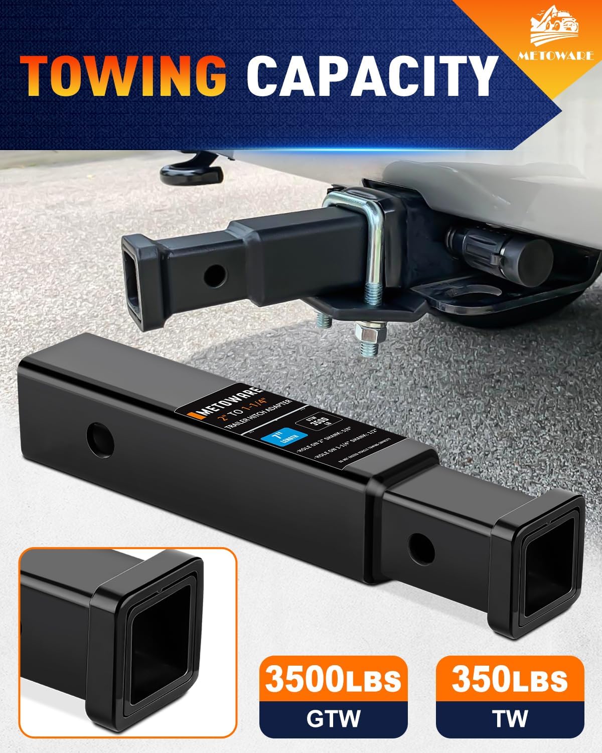 METOWARE Trailer Hitch Receiver Adapter Reducer 2 to 1-1/4 Inch Hitch Adapter, 7 Inch Extension Length with 1/2-Inch Diameter Pin and Clip with 5/8-Inch Adapter, 3,500 lbs GTW
