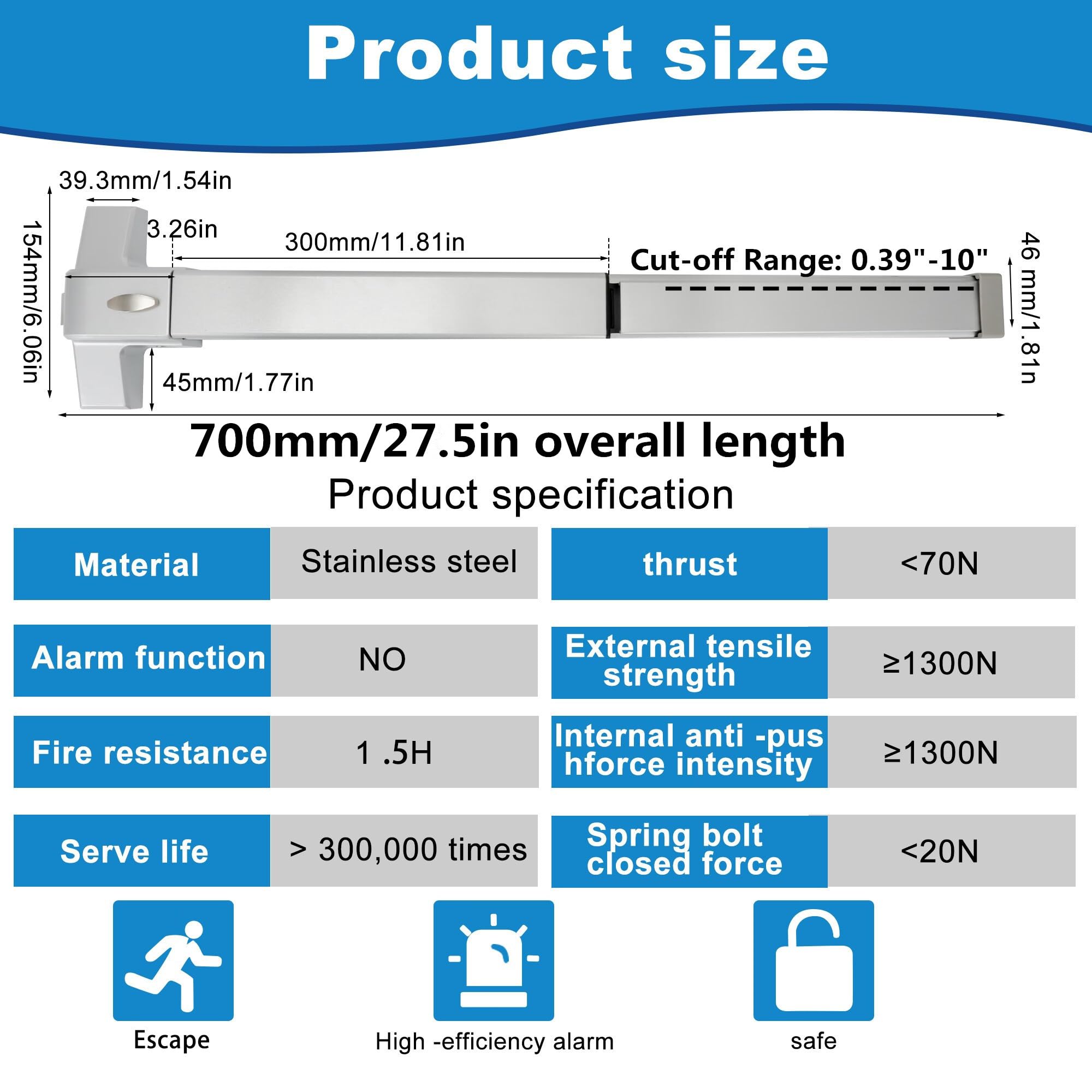 suermany 27.5" Push Bar Panic Exit Device for Commercial Doors - Hardware Lock for Wood and Metal Doors, Silver, Door push bar - Image 2