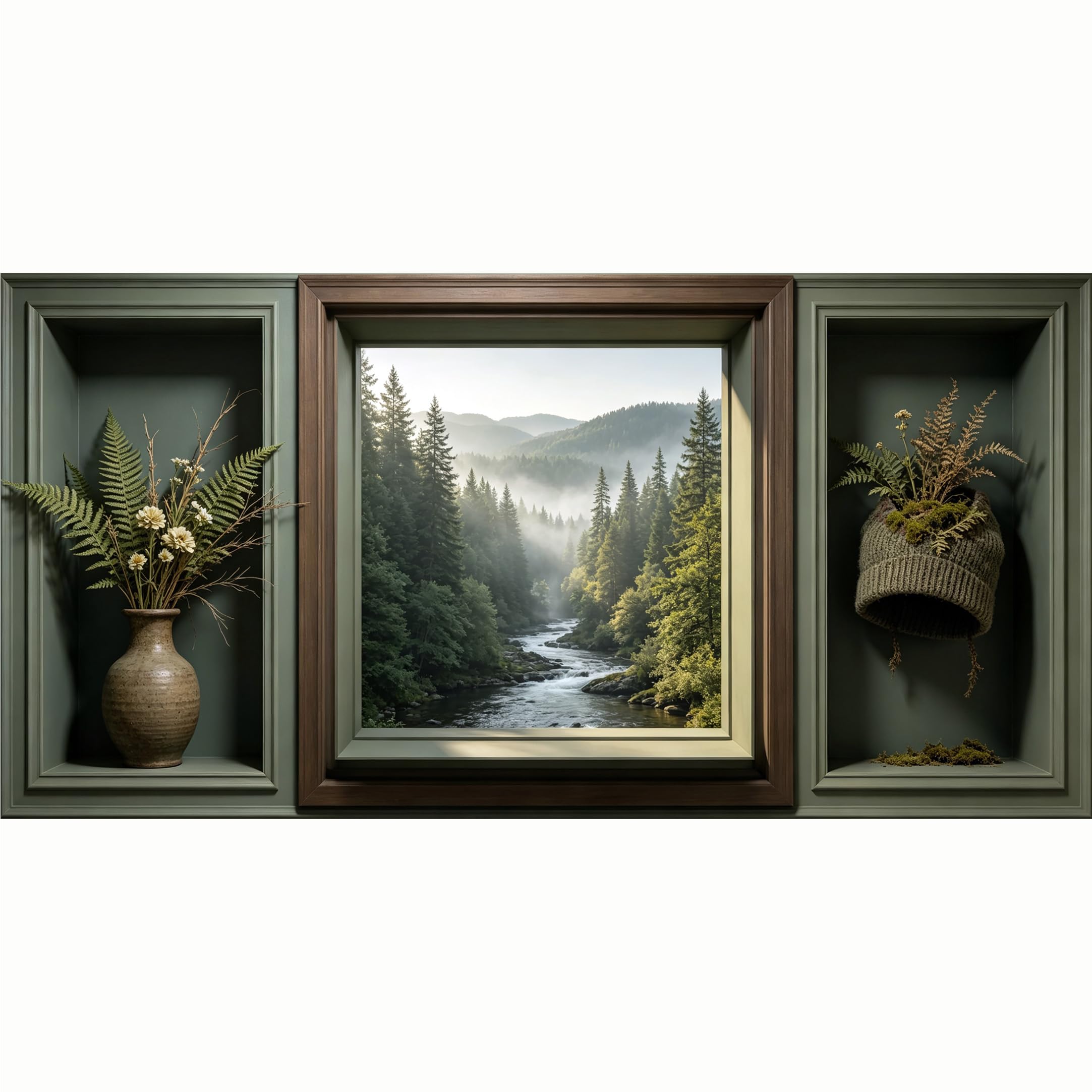 QZLITHOTIC 50x100cm 3D Framed Wall Art， Misty Forest River Landscape Trompe L'oeil Self‑Adhesive Mural， Water‑Activated Peel & Stick Fabric Decor Wall Decal for Bedroom Living Room