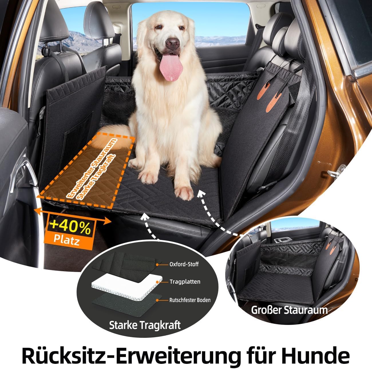 GGW Hundesitz Rückbank für mittlere & Große Hunde mit Gurt wasserdicht | Abnehmbare Decke,Stabile Stützplatte,40% mehr Platz,Sicherheitsseil inkl,Für PKW,SUV Pick-up