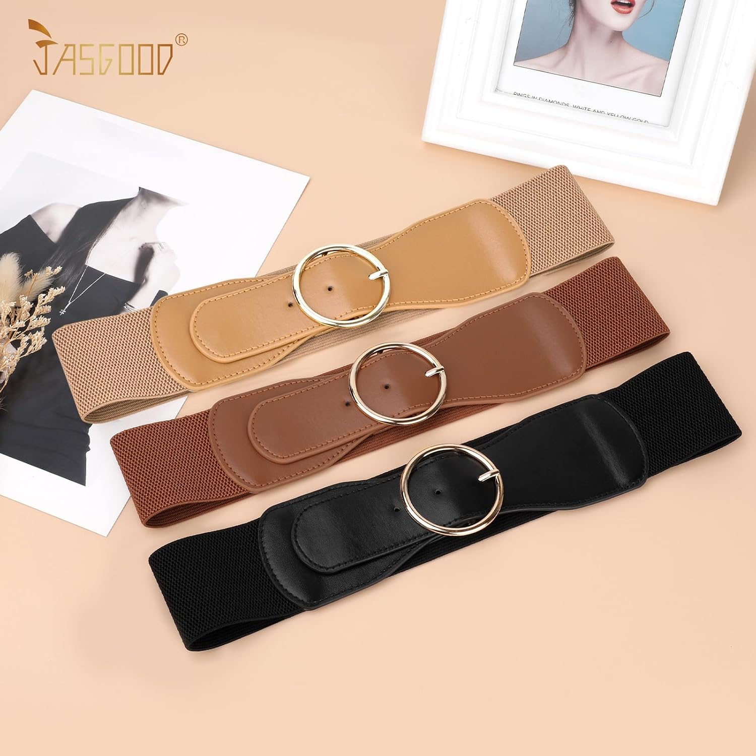 JASGOOD 3 Pack Women Wide Elastic Waist Belt for Dress Ladies Stretch Belt with Gold Round Buckle image 4