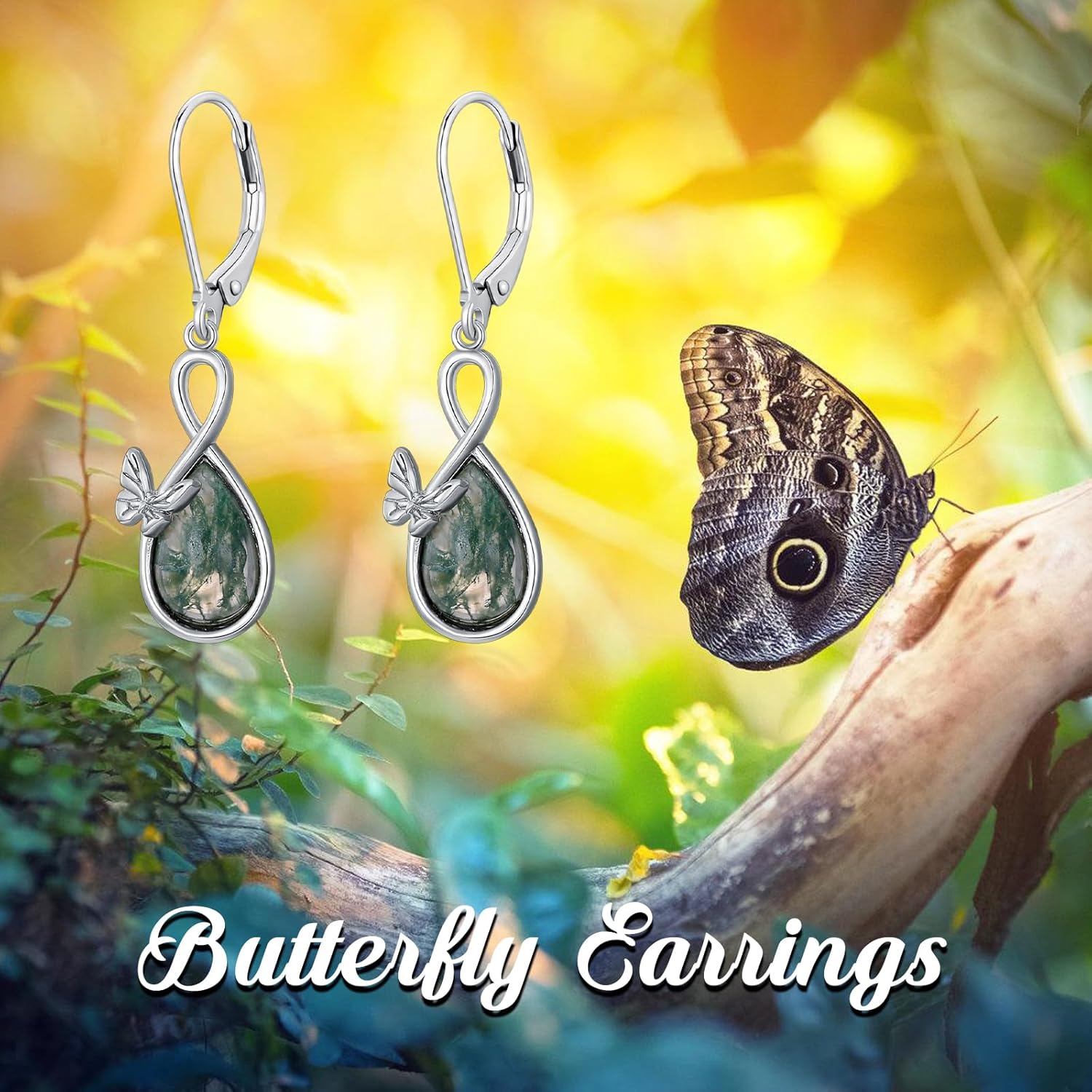 WSX Moss Agate Butterfly inifinity Leverback Earrring for Women Sterling Silver Butterfly Jewelry Gifts for Christmas Birthday Mother Day for Mom - Image 6