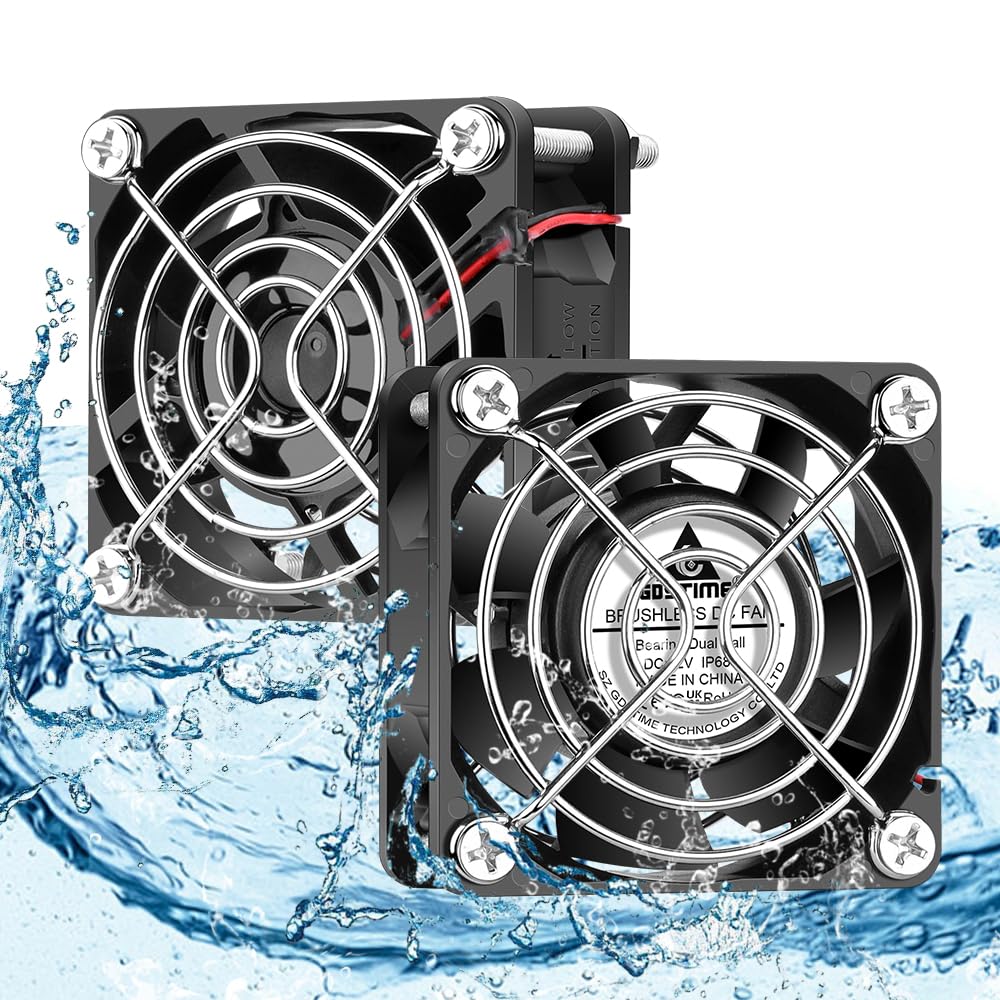 GDSTIME Paquete de 2 ventiladores de 12 V CC de 60 mm IP68 de 60 mm x 25 mm, ventilador de refrigeración de PC de 2 pines, doble rodamiento de bolas, ventilador de caja de 6 cm, 4500 RPM de alta
