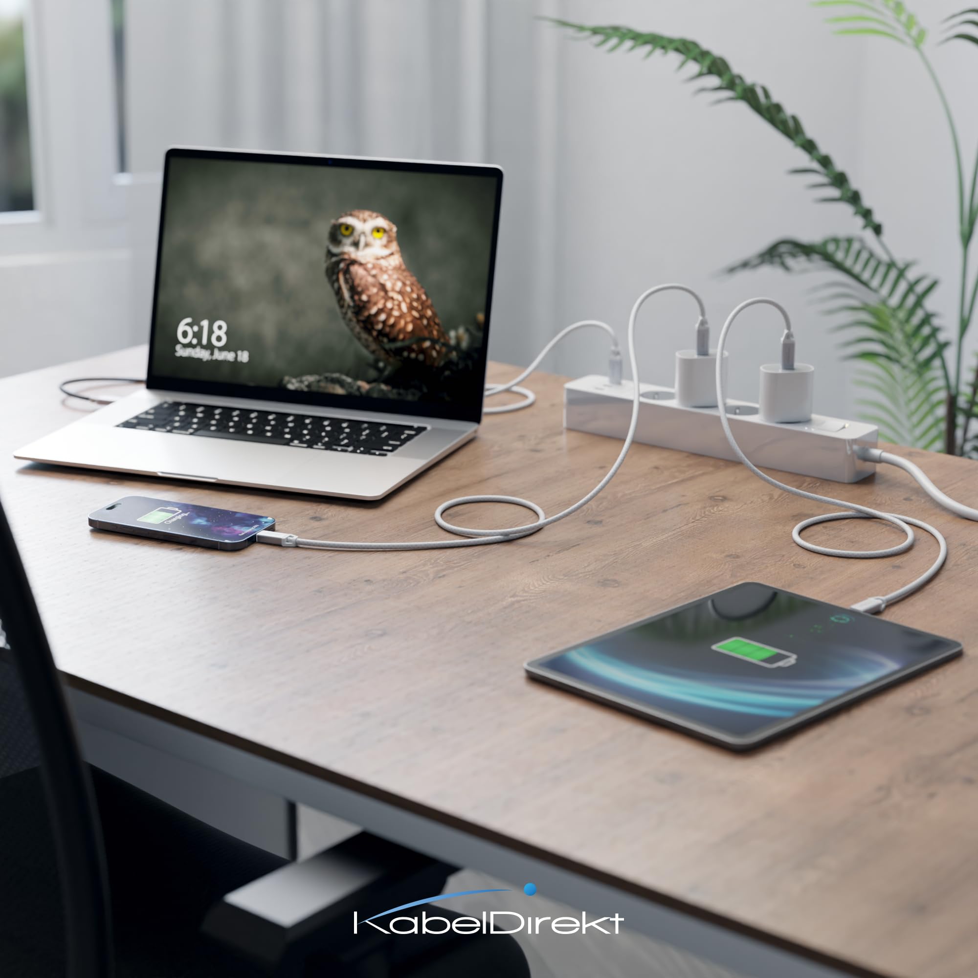 KabelDirekt – Kabel USB-C do Szybkiego Ładowania, Wtyki Metalowe Odporne na Złamania + Plecionka Nylonowa, USB 2.0 – 3 m (Ładuje Telefony/Laptopy z 60 W, Kabel Ładowania/Danych, Biały)