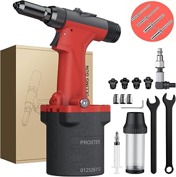 Proster Pneumatic Rivet Gun, 4500LBF Heavy Duty Air Hydraulic Riveter Tool with 4 Interchangeable Nosepieces 3/32" 1/8" 5/32" 3/16", 360 Swivel Air Inlet, for Automotive Marine DIY