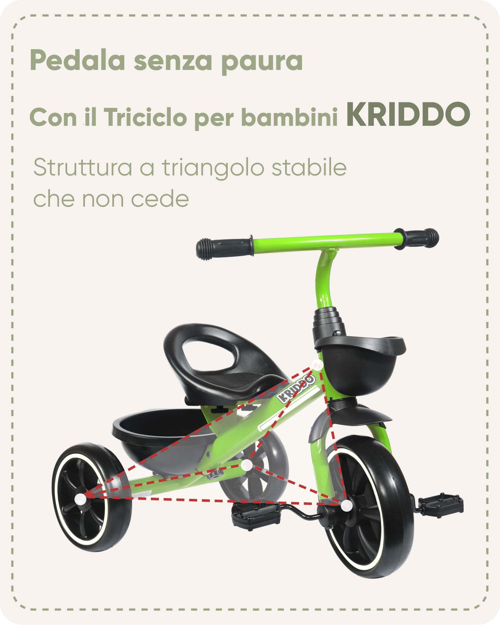 Triciclo Evolutivo KRIDDO Per Bambini 2-5 Anni - Con Cestello, Antiribaltamento, Blu