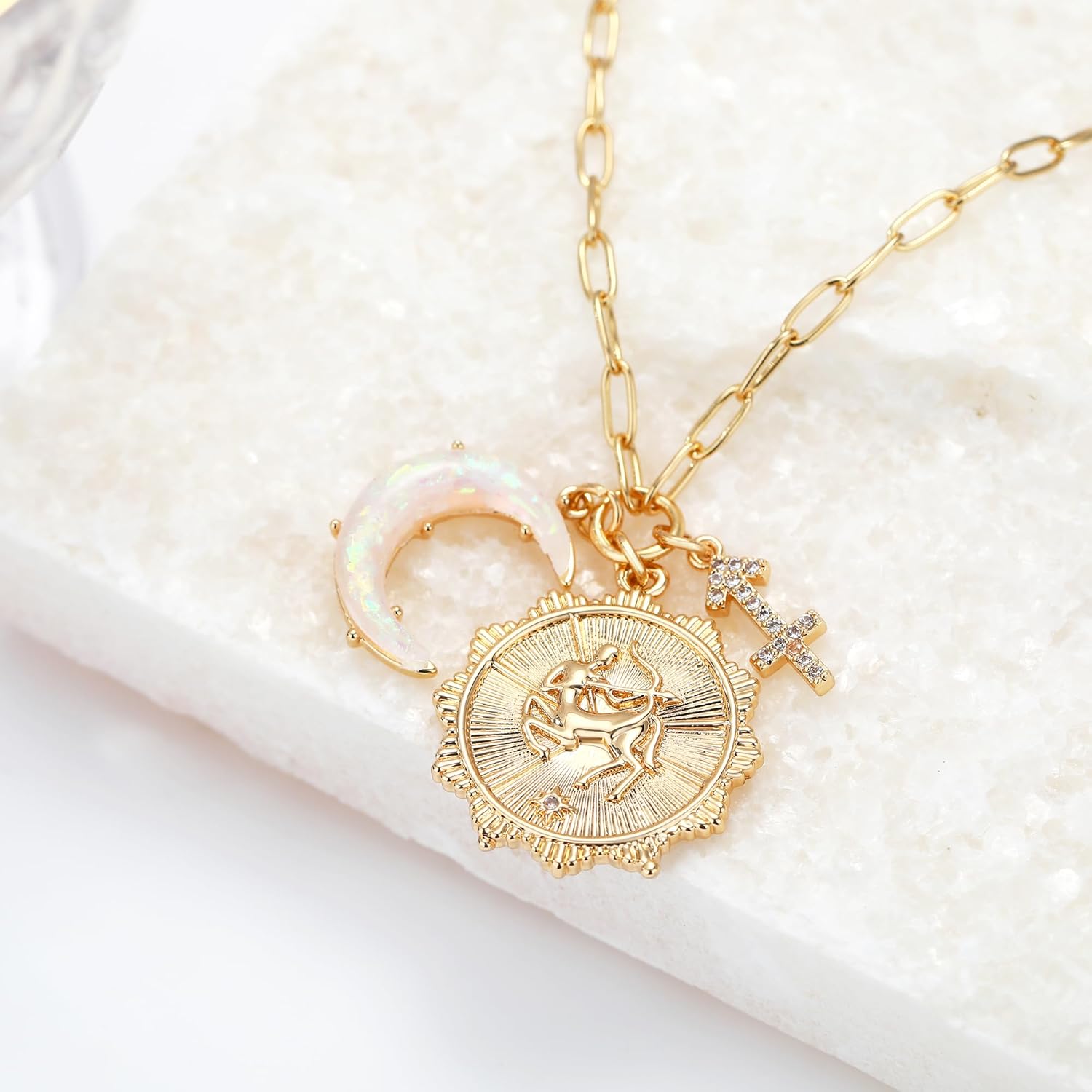 MISS RIGHT Gold Zodiac Sign Coin Necklace with Opal Crescent Moon Charm for Women Trendy, Dainty Gold Paperclip Chain 12 Constellation Horoscope Necklaces Astrology Jewelry Gifts - Image 5