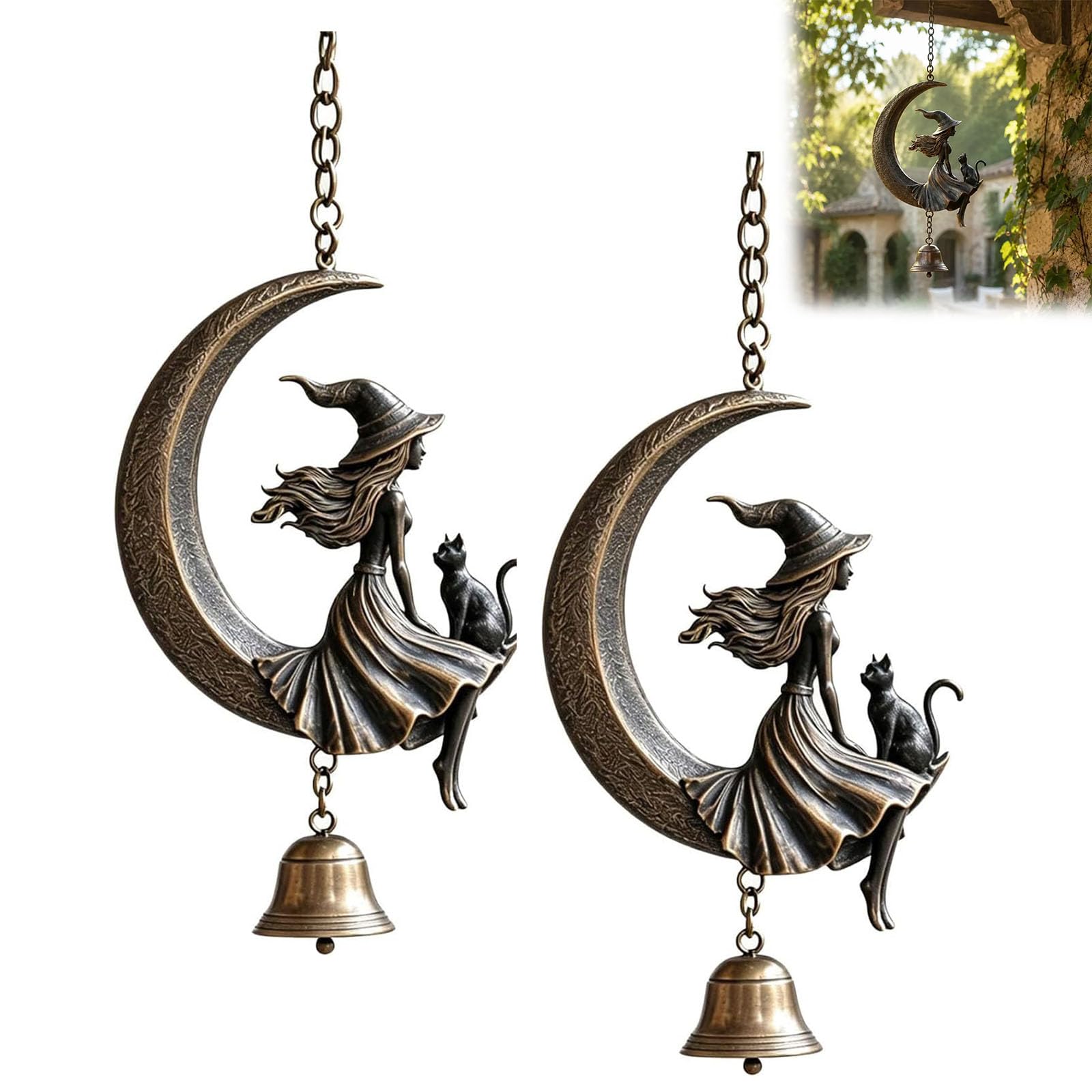 Witch Moon Wind Chime, Gothic Witch & Black Cat Crescent Moon Hanging Bell, Vintage Halloween Resin Home Ornament Gift for Garden, Porch, Patio, Balcony, Front Door (2PC)