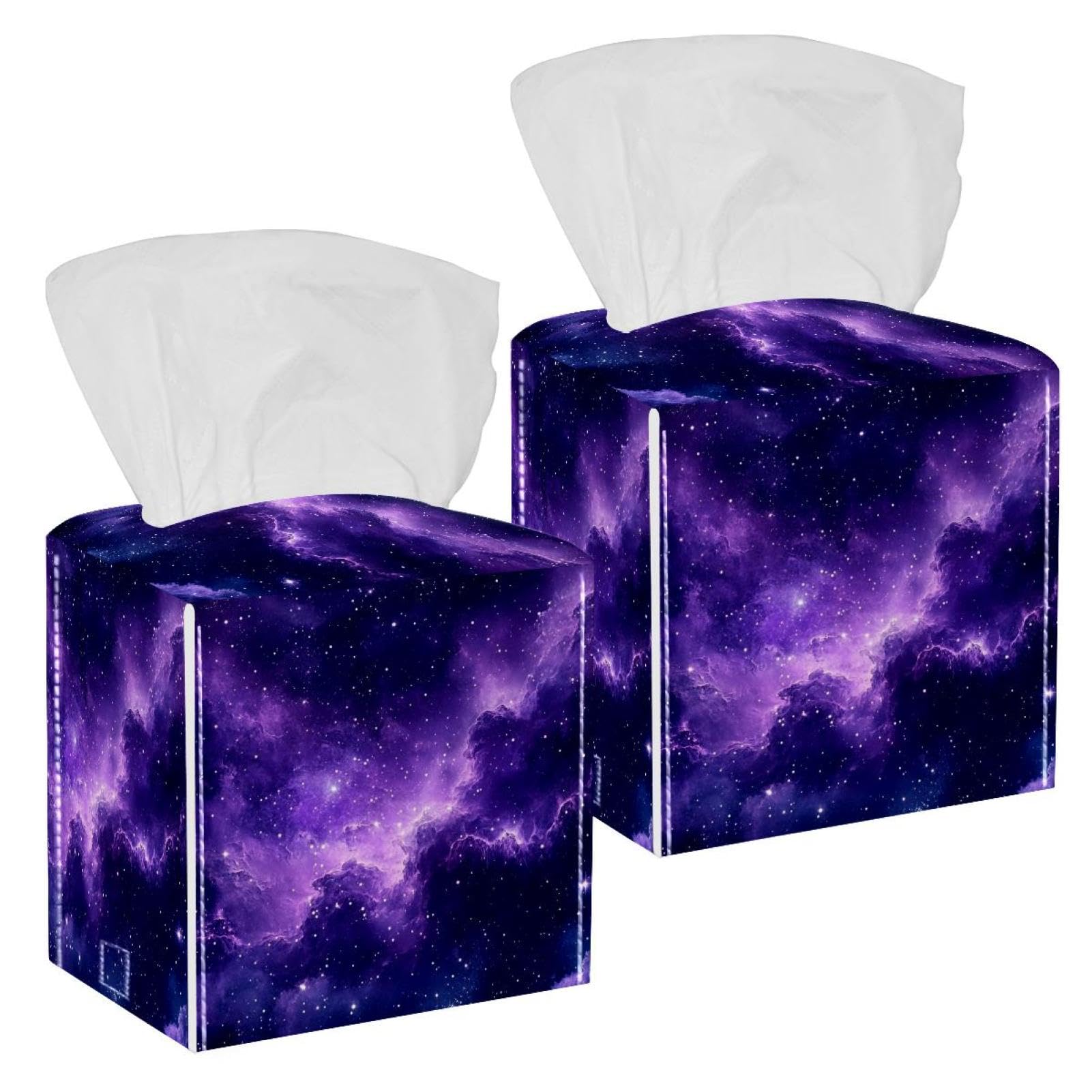 Purple Starry Sky Tissue Box Cover, 2 Pack PU Leather Square Facial Tissue Dispenser Box holder for Home Office Car