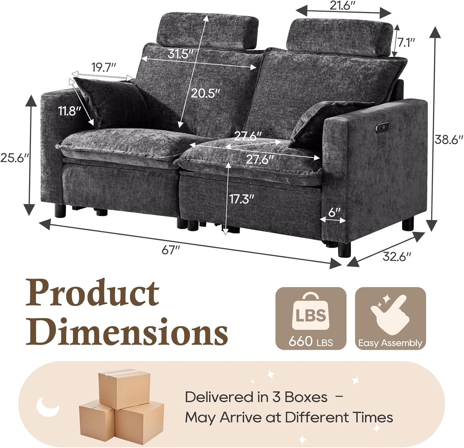 Power Reclining Loveseat with USB Ports, Chenille Fabric Upholstery, Removable Headrests & Throw Pillows, 2-Seater Recliner Sofa for Living Room (Grey)
