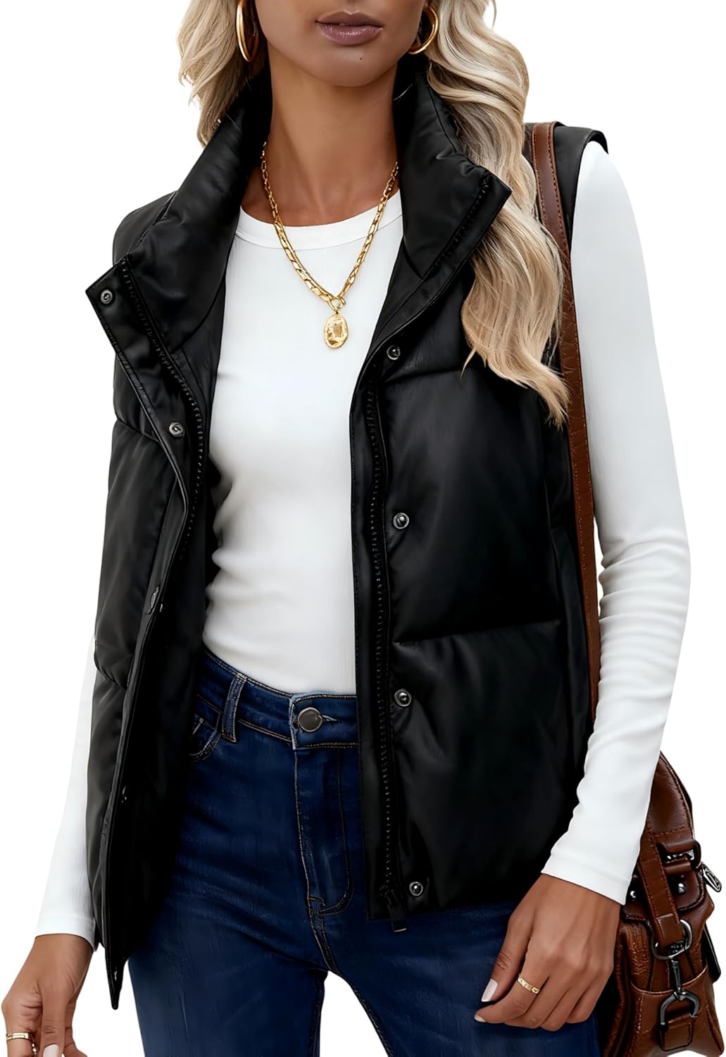 UANEO Womens PU Leather Cropped Puffer Vest Winter Faux Leather Zip Up Sleeveless Jacket