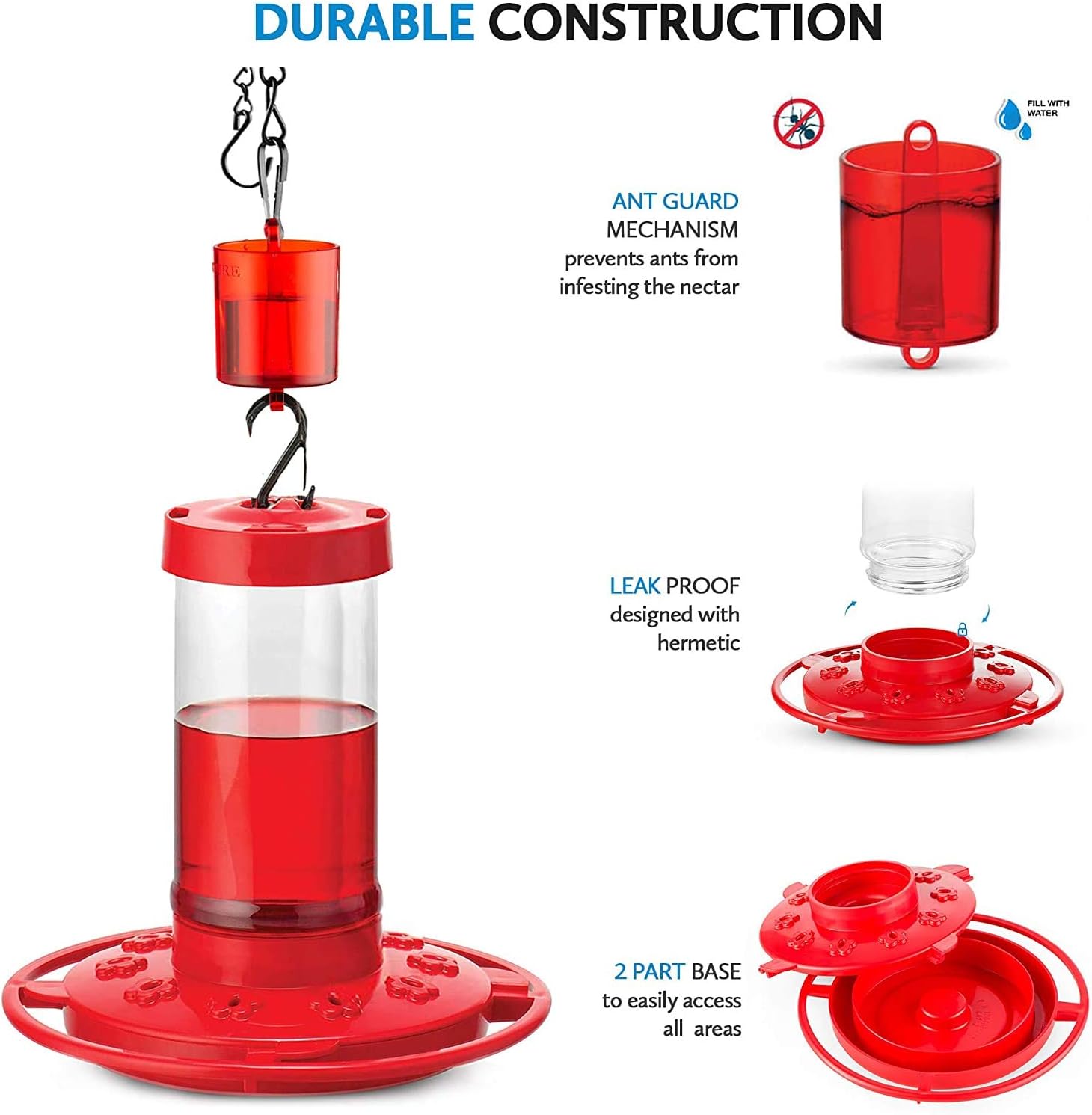 Hummingbird Feeder for Outdoors 16 Ounce - Includes, Perch with 10 Feeding Ports - Bundled with Ant Guard + Hanging Chain 9.5 Inch