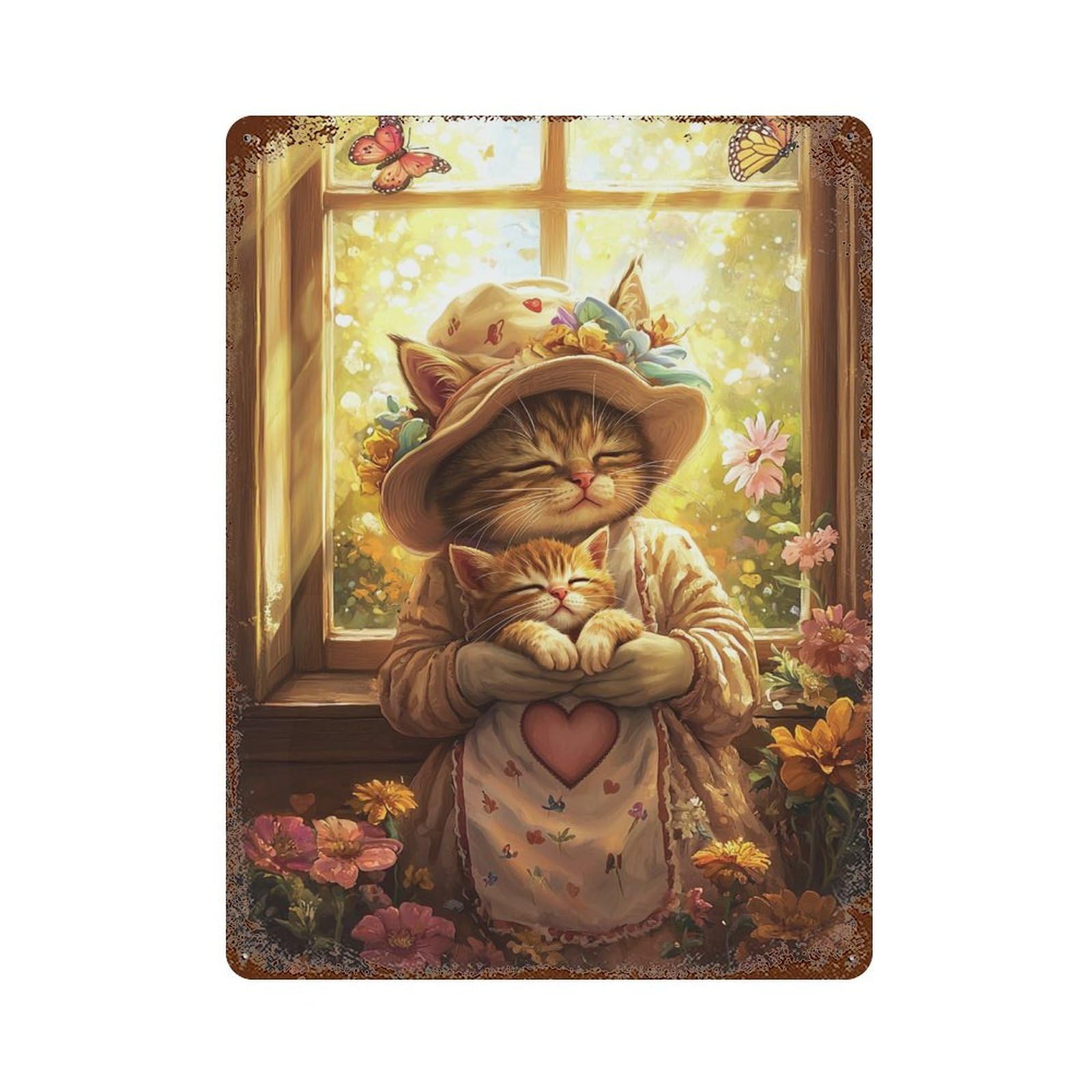Garage Style Whimsical Cat Garden Scene Rusty Metal Tin Sign 15.7"x11.8", Classic Wall Plaque for Bar And Workshop