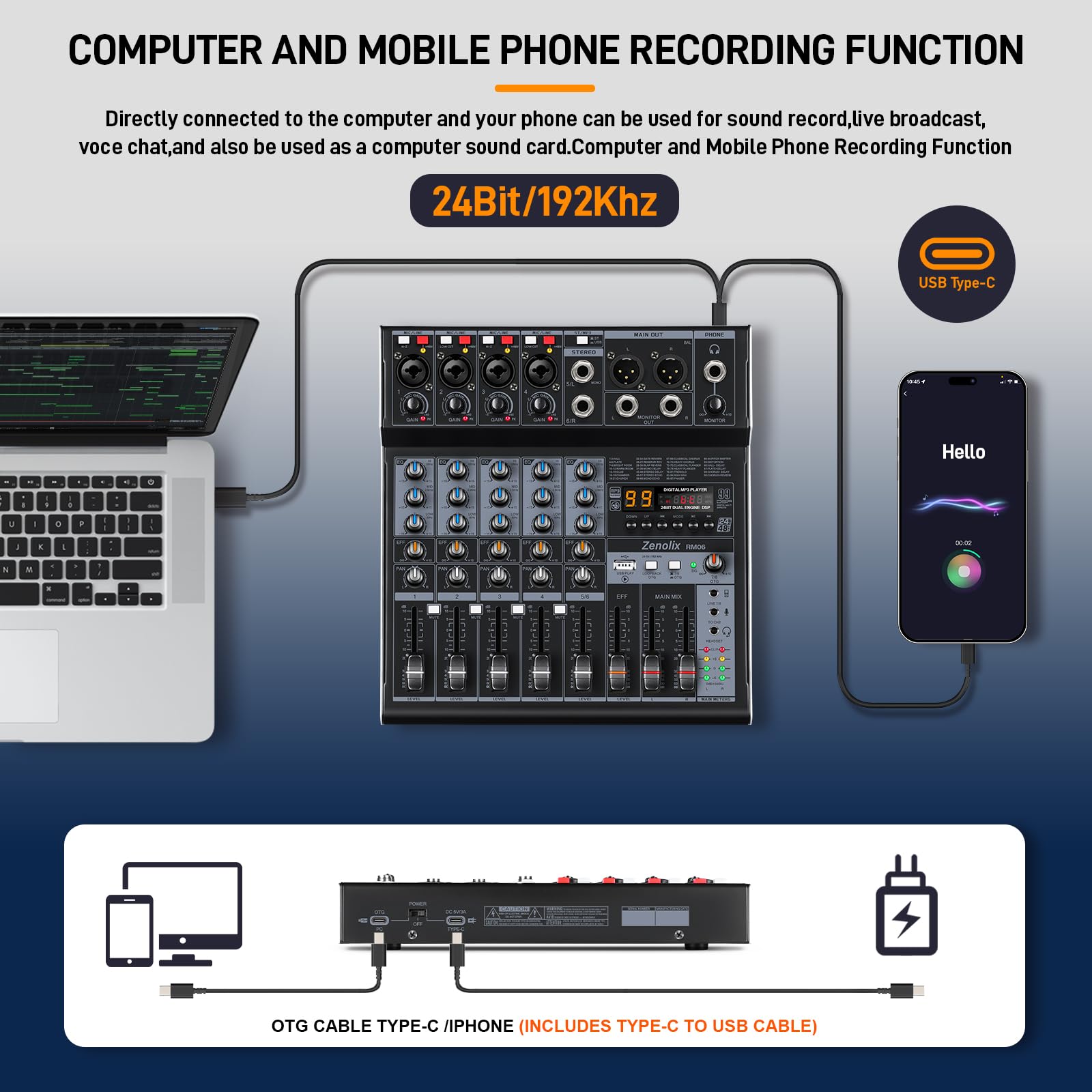 RM06 6-kanałowy mikser audio, płyta dźwiękowa, mikser Bluetooth, interfejs audio USB, mikser DJ z 2 wejściami XLR, nagrywanie 24-bitowe 192 kHz, konsola miksująca do podcastów na żywo do