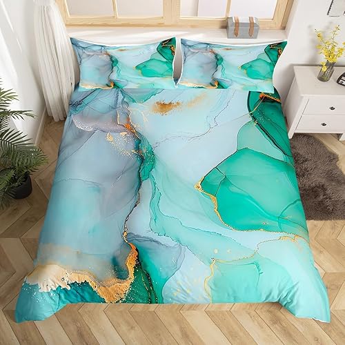 Erosebridal Elegante juego de ropa de cama con diseño de mármol, funda de edredón de mármol azul verde azulado para niños, niñas, adolescentes,