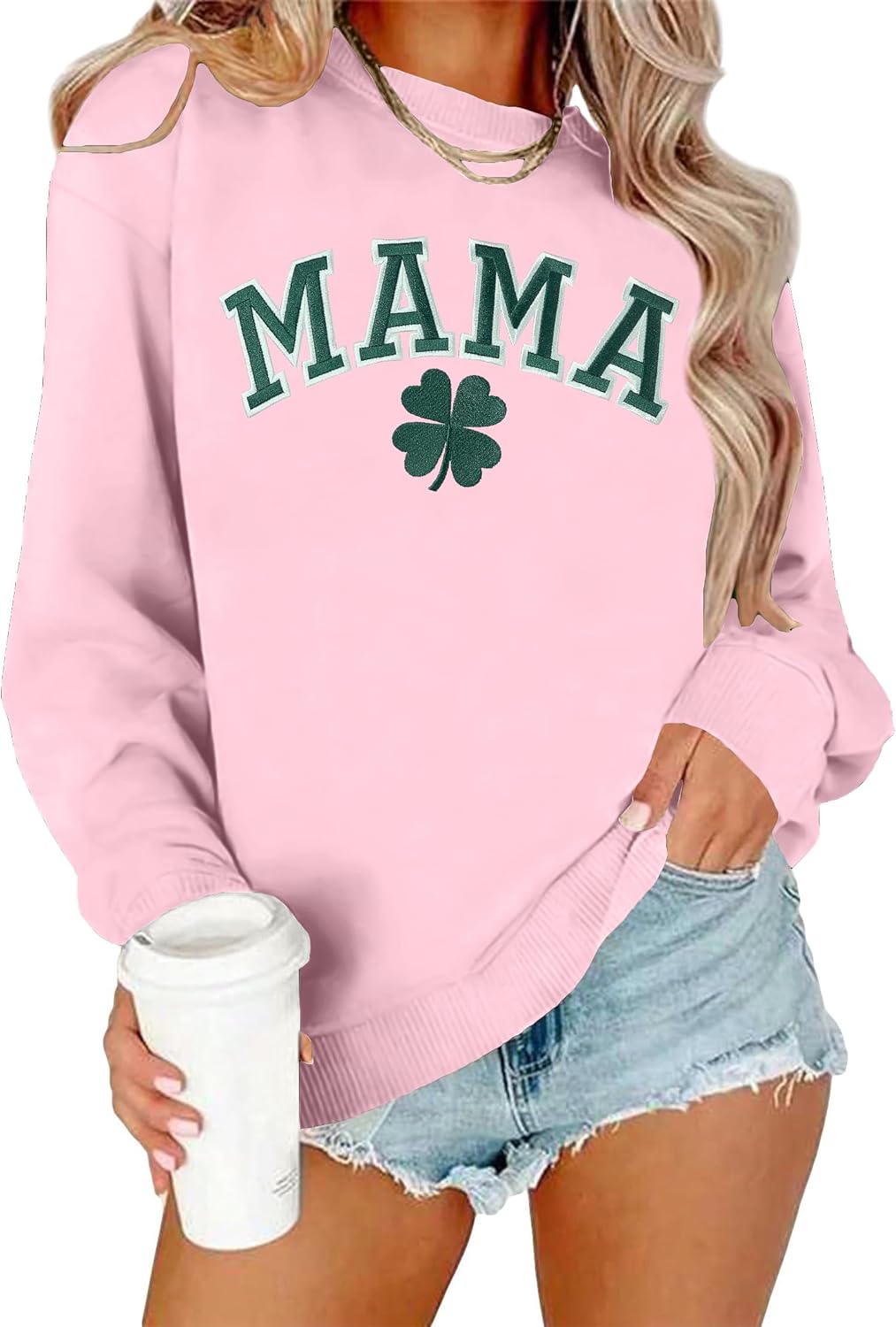 PECHAR St Patricks Day Shirt Women Lucky Mama Sweatshirt Shamrock Long Sleeve Patrick's Day Shirts Irish Gift Pullover