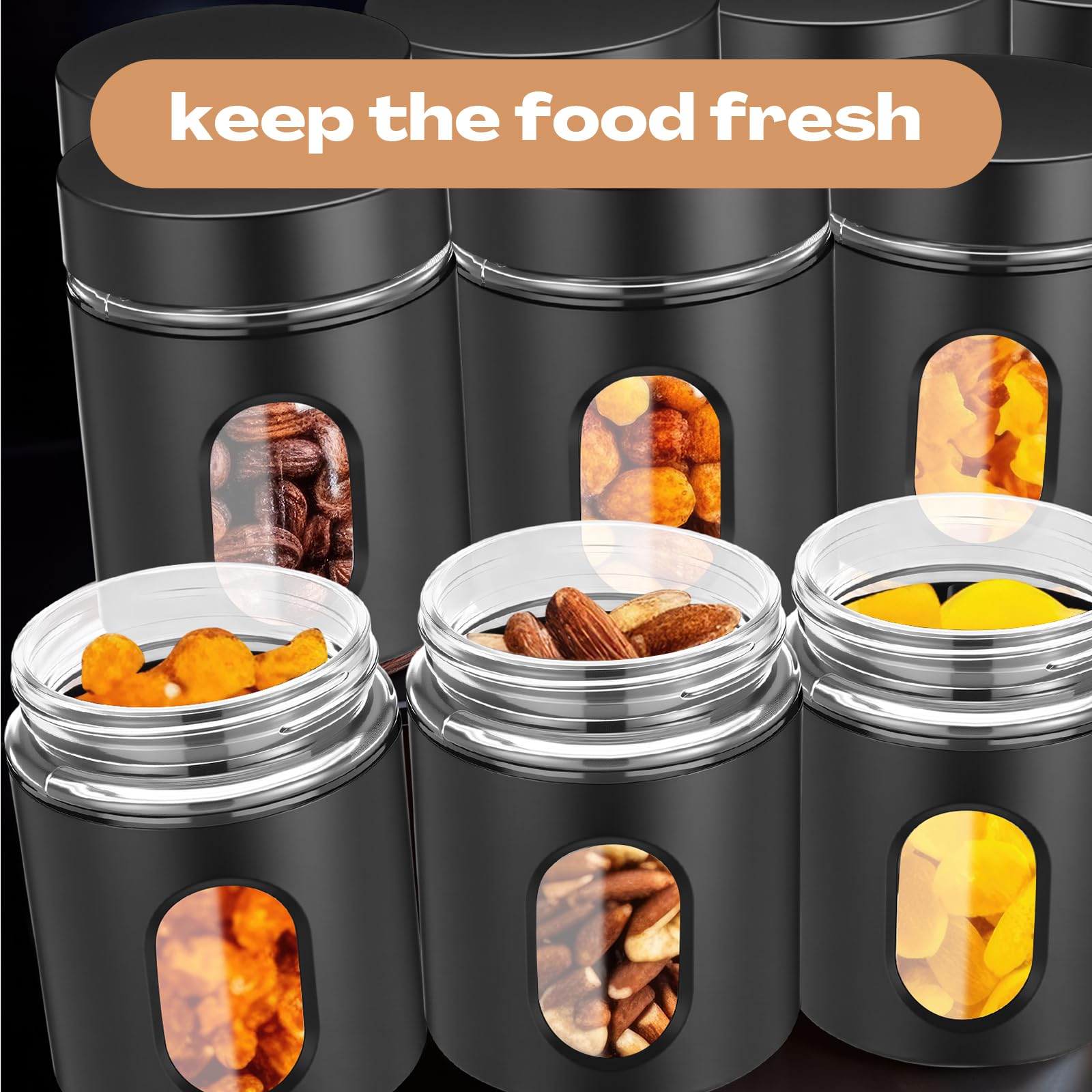 Patelai Set di 6 contenitori da cucina ermetici in acciaio inox da 590 ml, contenitori per alimenti con finestra in vetro, barattoli per caffè, zucchero, caramelle, tè, per farina, biscotti, spezie