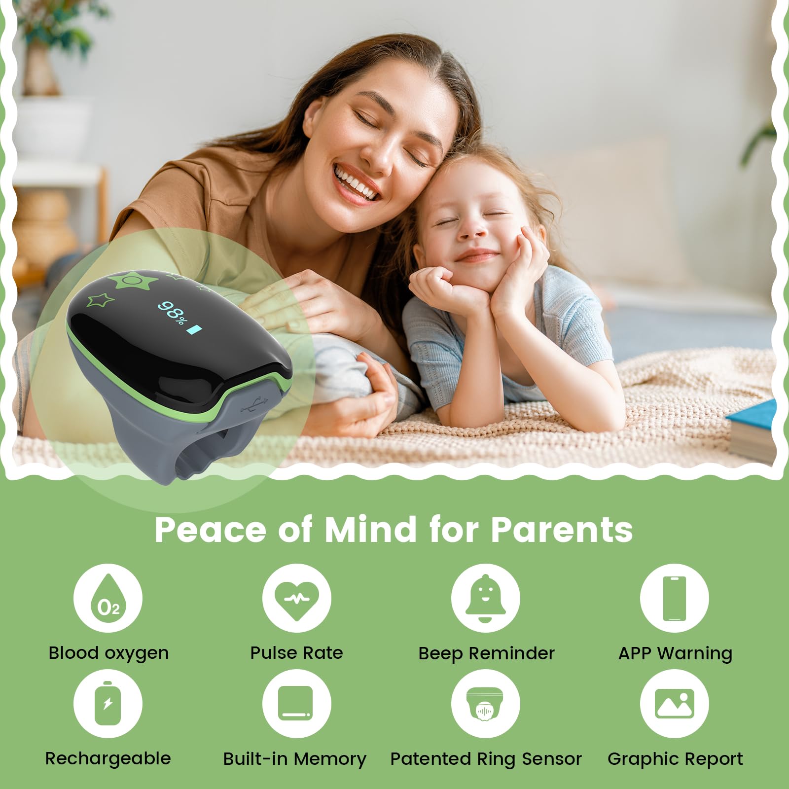 Viatom Pulsossimetro Pediatrico KidsO2, Monitor Ossigeno Portatile per Bambini, Tracker Sonno Bluetooth con APP & Report PC, Misuratore Spo2
