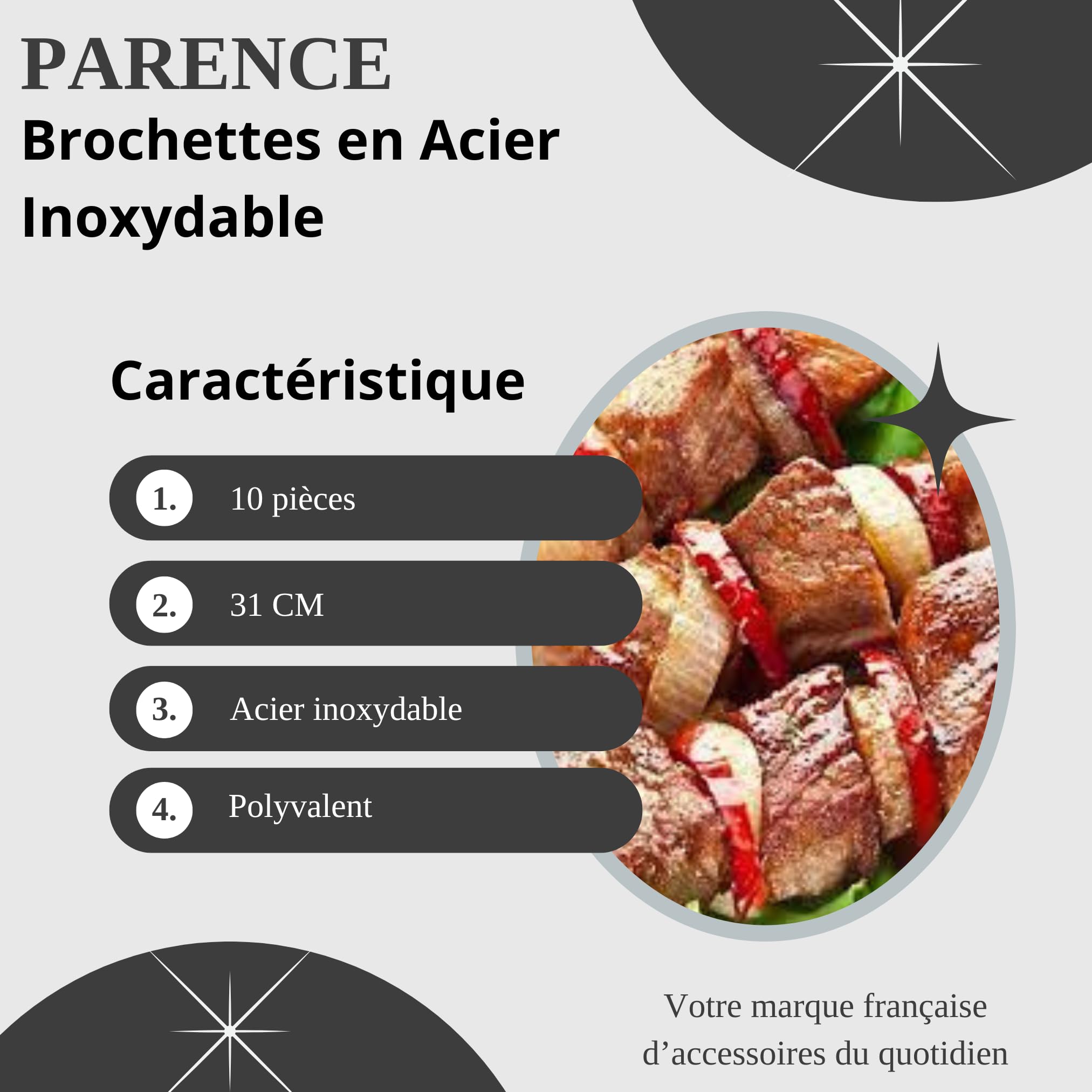 PARENCE - Spiedini in acciaio inox - 31 cm, set di 10 per cucina e grill, barbecue, camino, reception, giardino