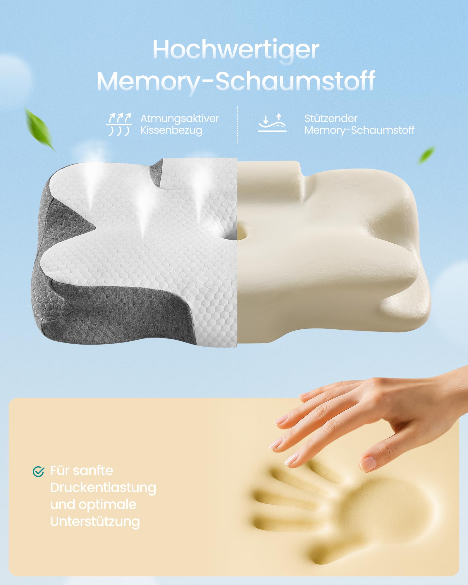 SONGMICS Kopfkissen, Kissen ergonomisch, Nackenkissen, höhenverstellbar, Schlafkissen, Memory Foam Kissen, für Seitenschläfer, Rückenschläfer & Bauchschläfer, wolkenweiß-Taubengrau TBP051GZ02