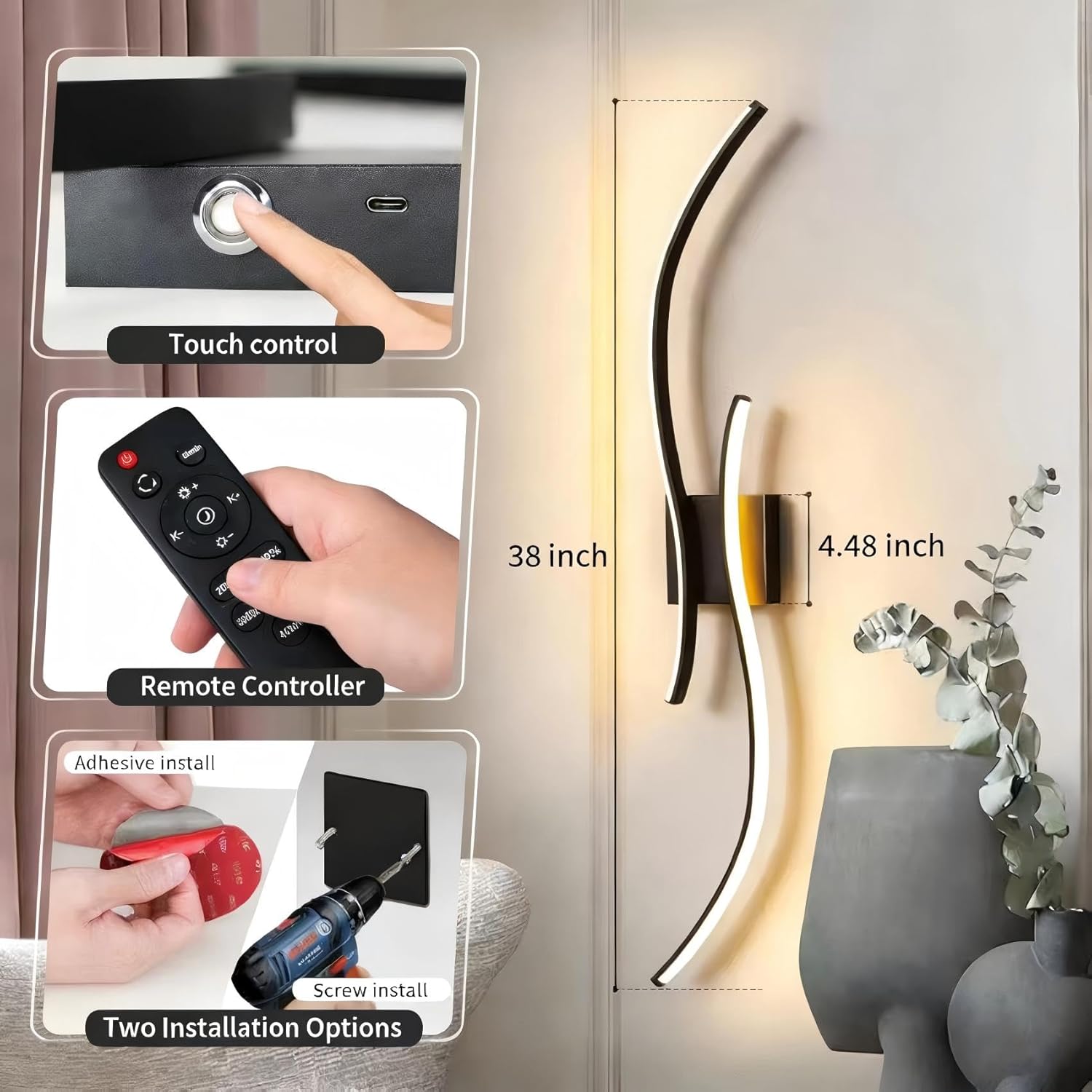 Aikertec 38 Inch Battery Operated Wall Sconces Set of 2 Pack with Remote Control, Dimmable Rechargeable Battery Wall Sconce 3000K-6000K LED Wall Lamp for Bedroom, Living Room, Bathroom, Home Decor