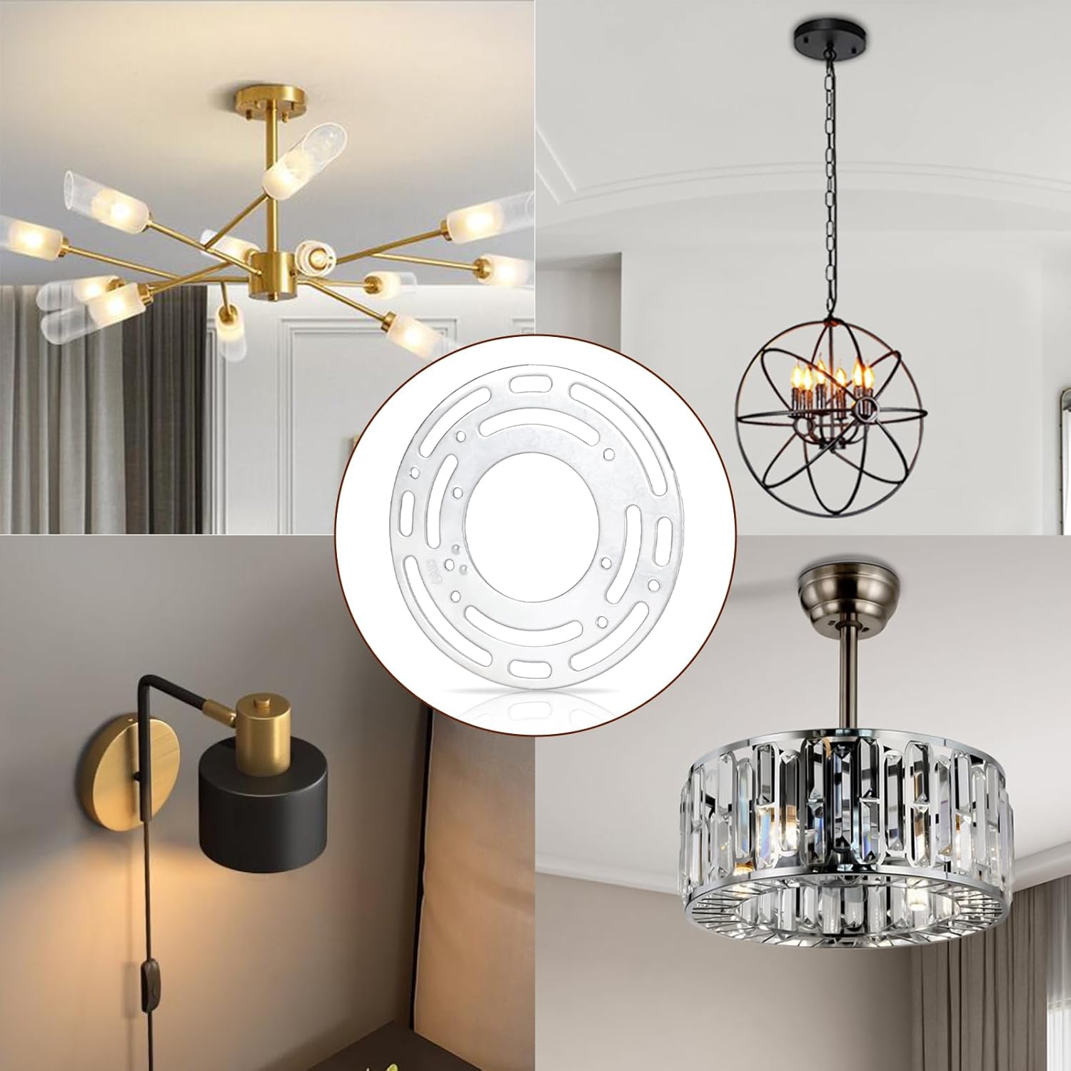 2 Pack Light Fixture Mounting Brackets, Ceiling Light Mounting Plate, Wall Lights Mount Blocks with Screw and Nuts, 4” Round Junction Box Adaptor for Wall Sconce, Chandelier, Pendant