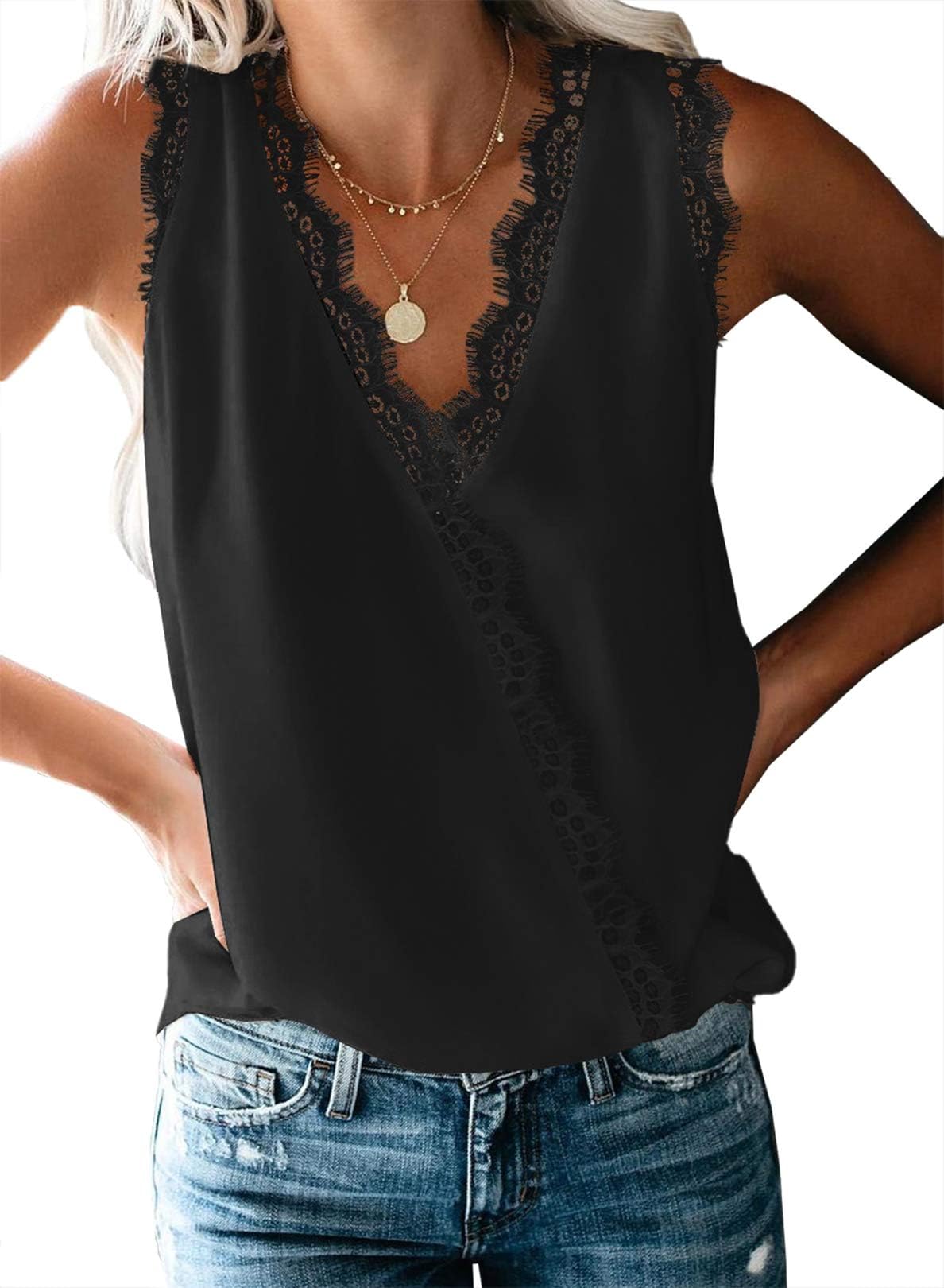 Chase Secret Women's V Neck Lace Strap Trim Cami Sleeveless Tank Tops Casual Blouse Shirts Loose Racerback Ladies Camisole
