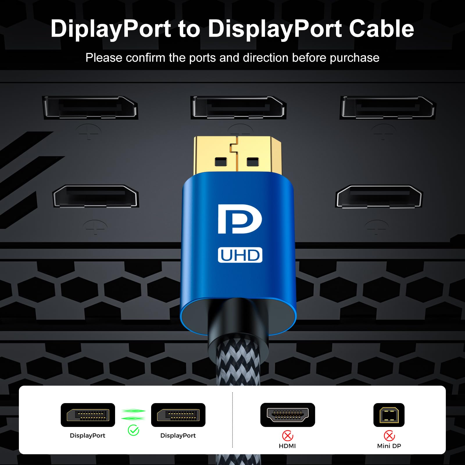 Kabel DisplayPort 2M, Display Port 1.4, Kabel DP Obsługa 8K@60Hz, 4K@144Hz, 2K@240Hz, 32.4Gbps, HBR3 HDR, DSC 1.2, G-Sync FreeSync, Kabel Display 2.0 Lead dla Laptopa Gaming Monitor PC TV - Niebieski