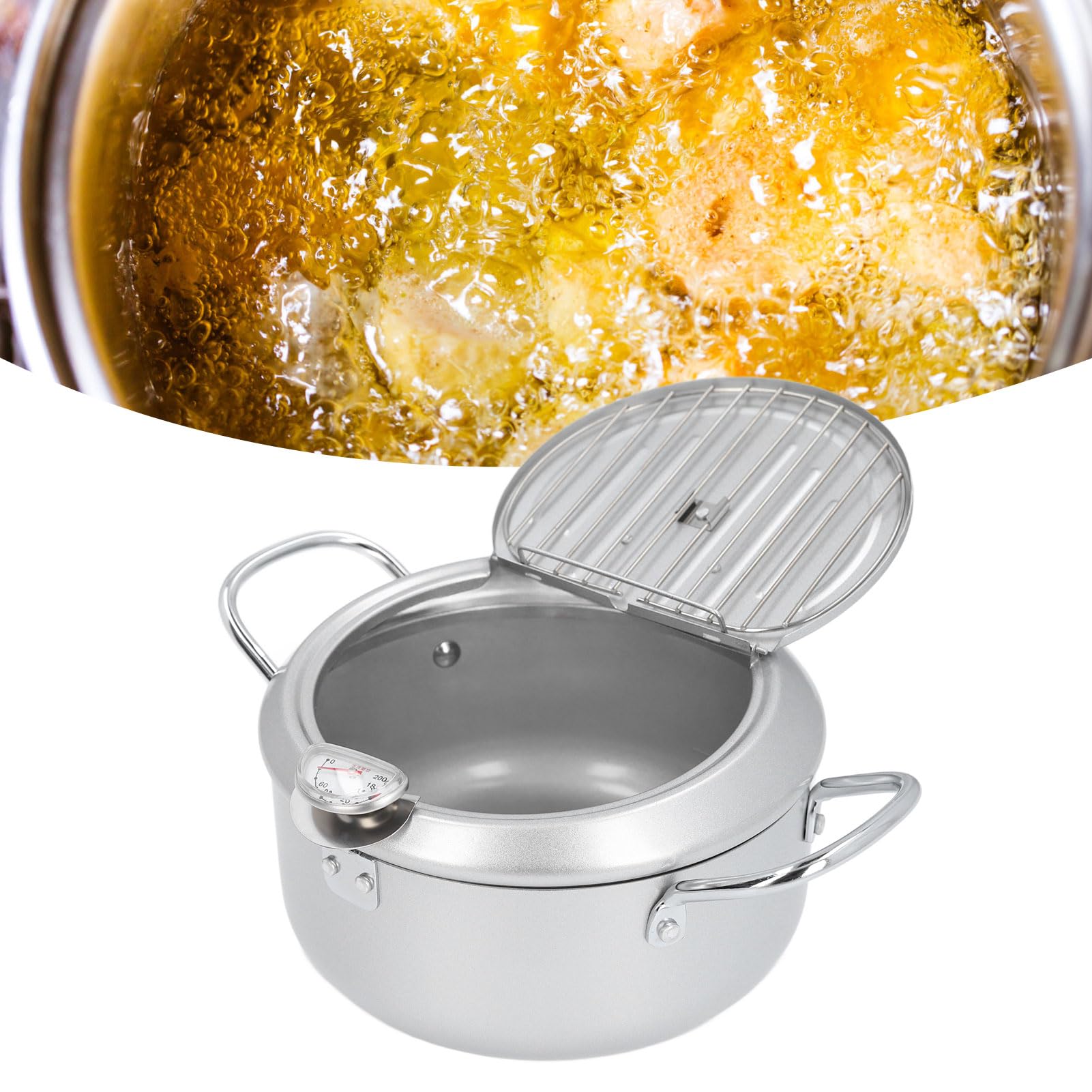 Pentola in Ferro, Pentola per Friggitrice, Pentola per Pollo, Pentola con Doppi Manici, Pentola Multiuso con Indicatore della Temperatura dell'Olio per Piatti, Zuppe (Silver)