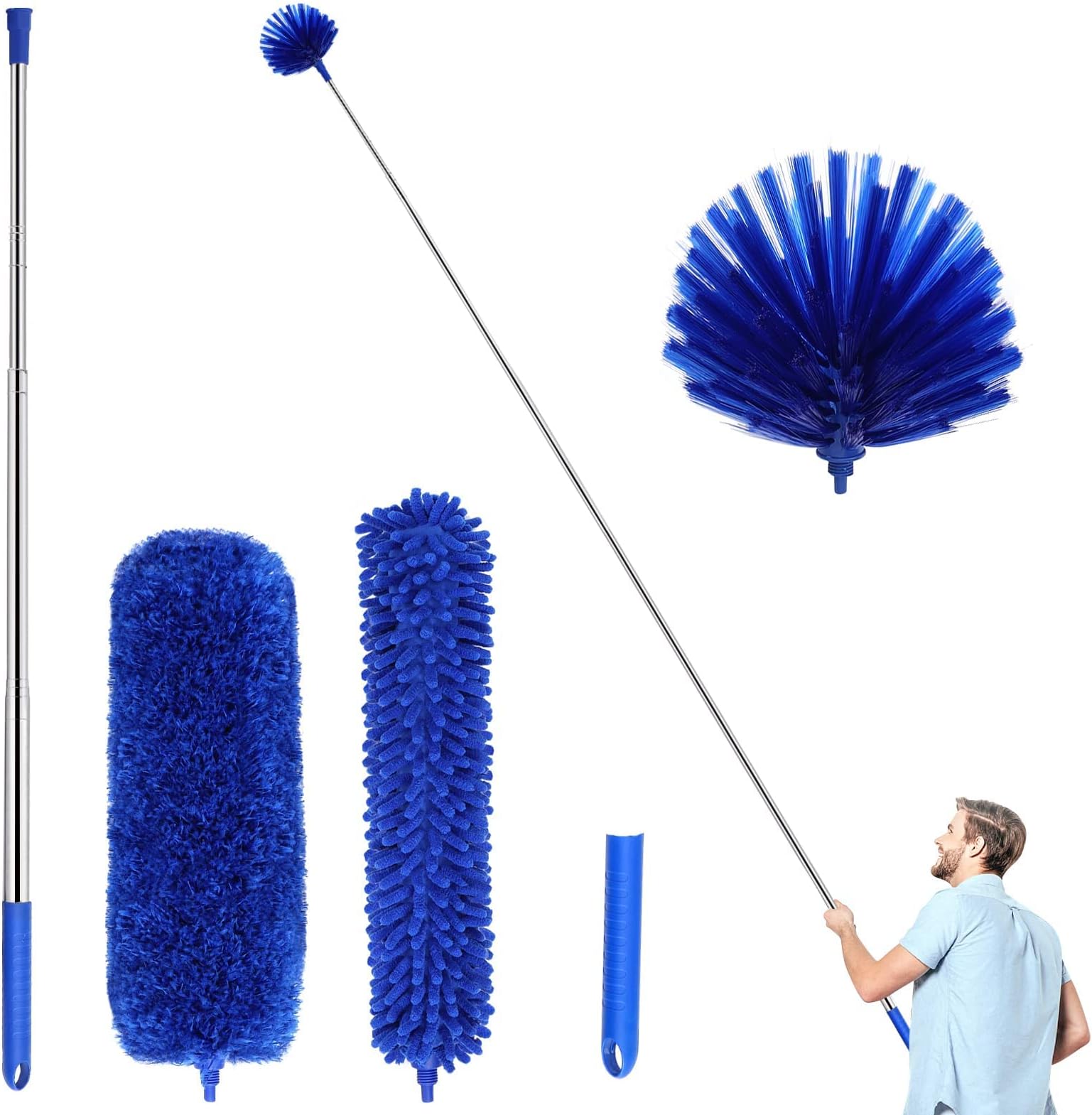 ZZ LAZYCOTTAGE Duster, Microfiber Dusters with 2 Handle Sets, Durable 15-98.1 Inches Long Telescopic Rod, Washable, Feather Dusters for Cleaning Cobweb and Ceilings Fans, 5 Pack (Blue)