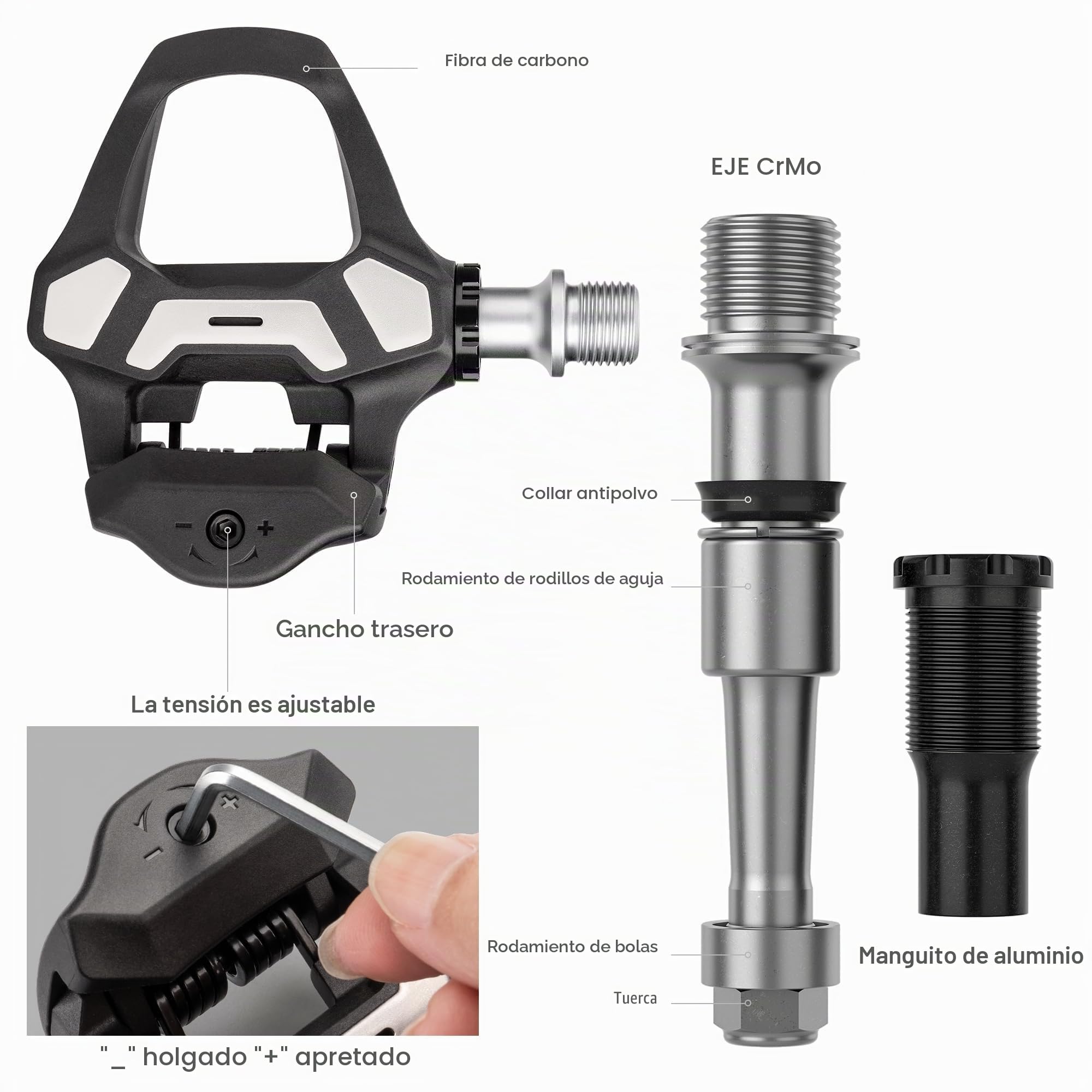 GEWAGE Pedales de carbono SPD-SL para bicicleta de carretera, carcasa de carbono ultraligera, tensión ajustable, plataforma ancha, incluye tacos y material de montaje, compatible con Shimano SM-SH10