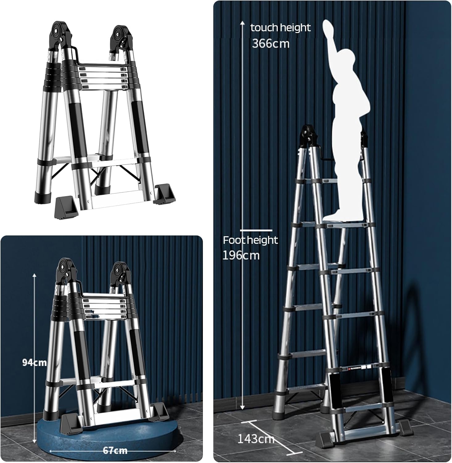 16 FT Telescoping A-Frame Ladder - 330lb Capacity Stainless Steel Folding Ladder, Locking Mechanism & Extra Wide Anti-Slip Pedals, Dual-Mode 8FT/16FT for Home Decor,Outdoor Work, Window Cleaning 1