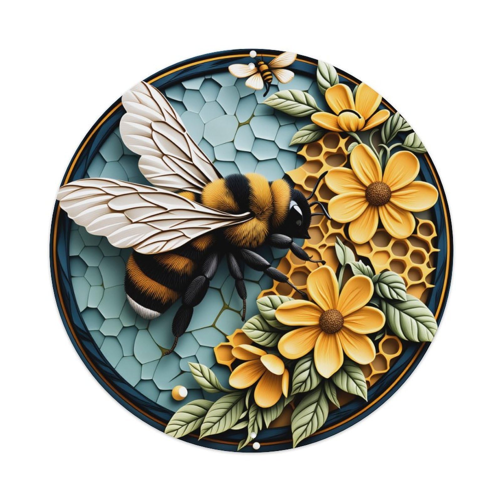 Bee Honeycomb Flower Leaves Pattern Vintage Metal Tin Sign Retro Wall Decor for Home Bar Garage Cafe, Indoor & Outdoor Decorative，circle Metal Poster, 8x8 Inch
