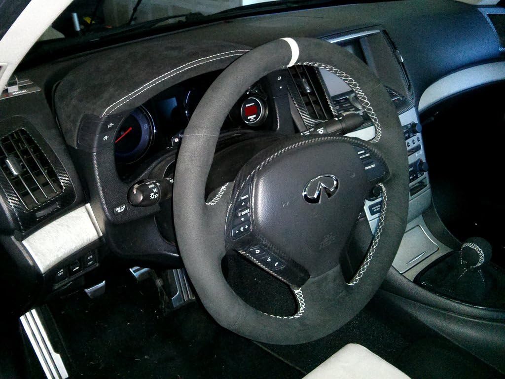 RedlineGoods Gauge Hood Cover Compatible with Nissan Skyline 370GT 2008-14. Tailor Made - not Universal. Genuine top-Grade Italian Black Suede (Alcantara) with Blue Thread