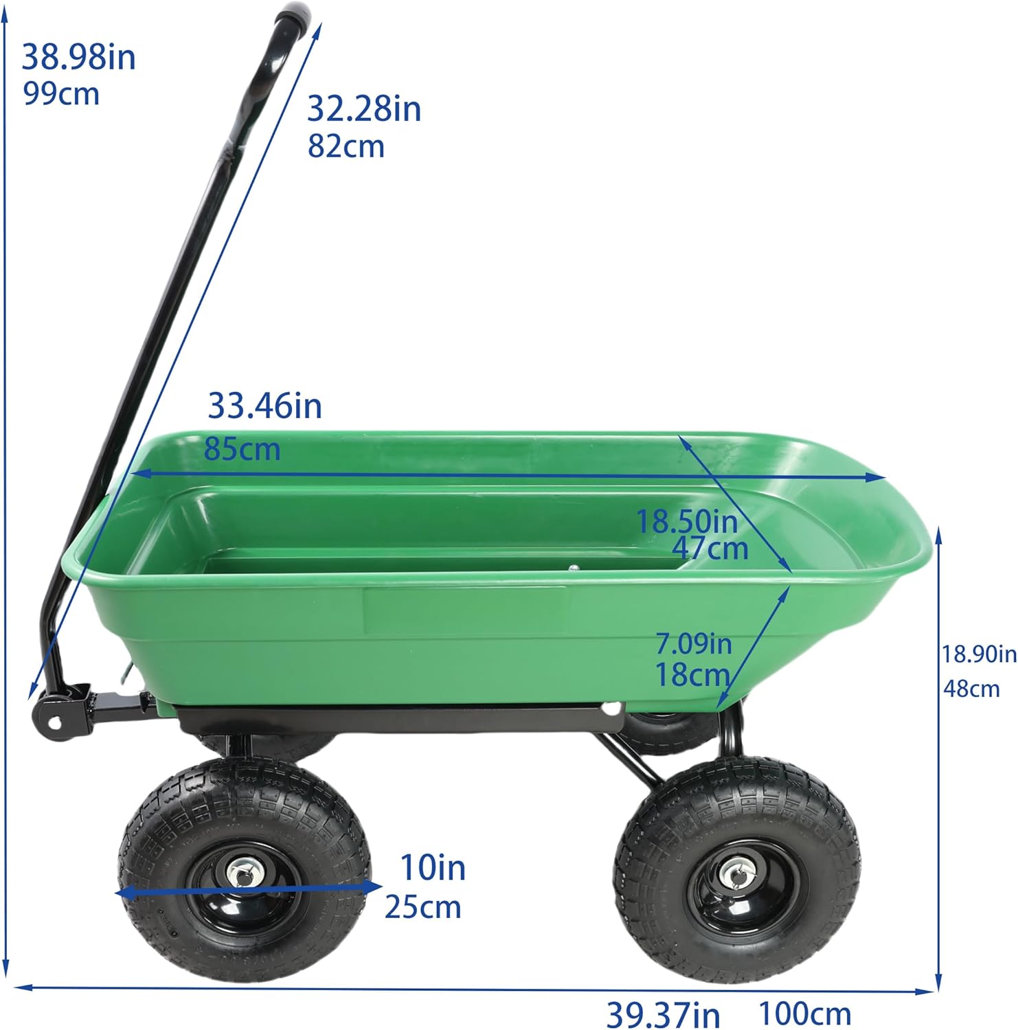 500lbs Poly Garden Cart Dump Wagon, Heavy Duty 4 Wheel Wheelbarrow Yard Cart Dump Wagon with 10in All Terrain Wheels (Green)
