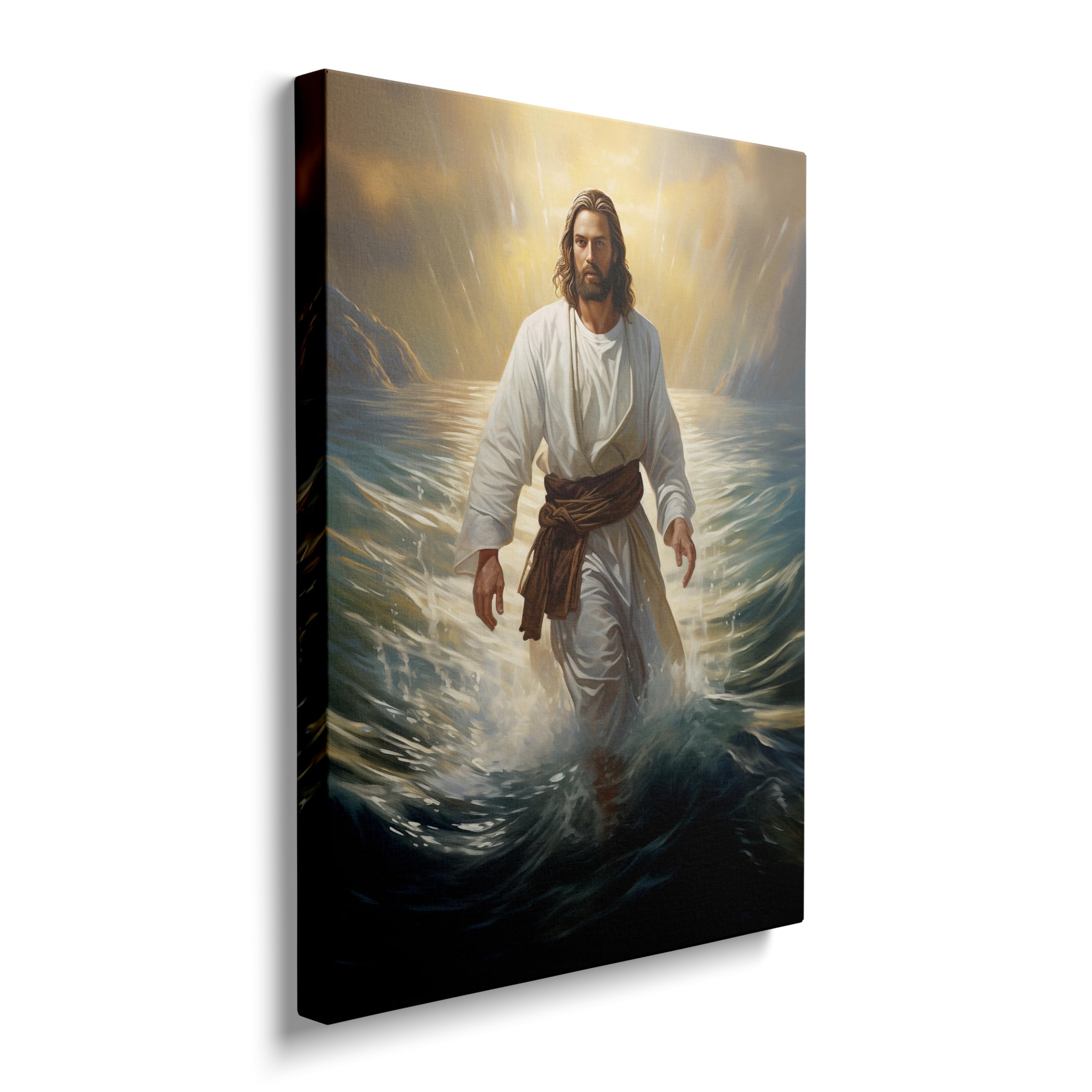 LMYSXAOZ Framed Jesus Christ Walking On The Water Canvas Wall Art God Portrait Christian Religious Bible Decor Posters For Living Room Bathroom Home Office Artwork Gift Ready To Hang (12x16 Inches)