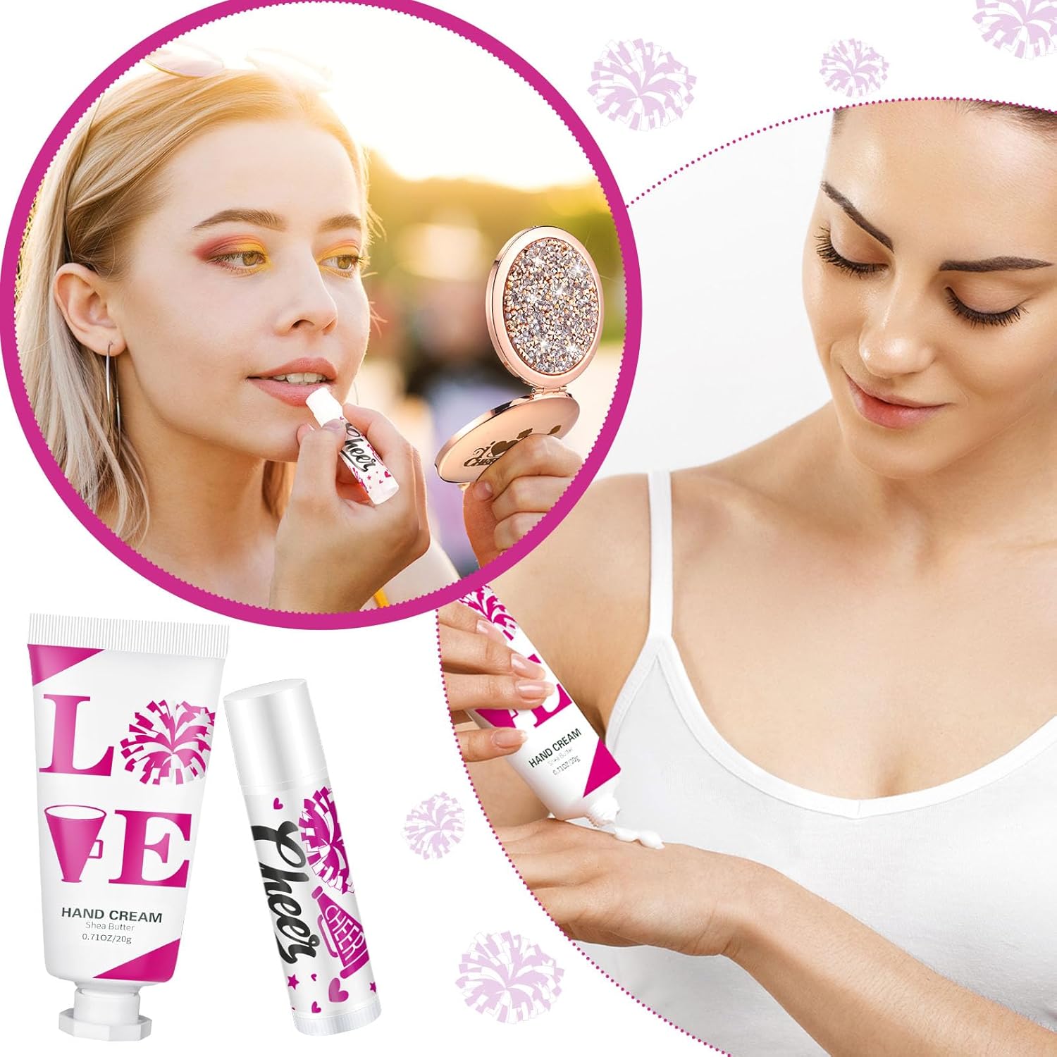 144 Pcs Cheerleading Lip Balms Hand Cream Sets Pink Cheerleading Party Supplies Including 36 Lip Balm and Moisturizing Hand Cream 36 Organza Bags Cards and Ropes for Team Thank You Gifts