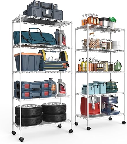 Estantería de alambre NSF de 5 niveles, 14 x 30 x 60 pulgadas, capacidad de 750 libras, estante de metal ajustable con ruedaspatas niveladoras y