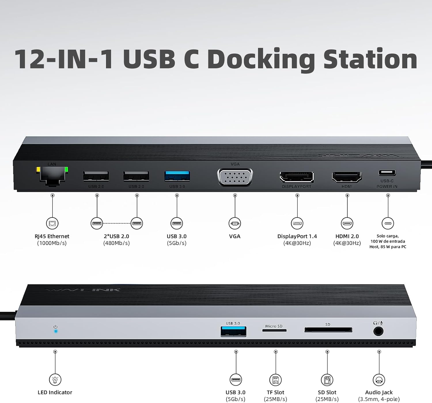 WAVLINK USB-C Docking Station 3 Monitors, Docking Station with HDMI, DP, VGA, 100W PD, USB3.0&2.0, RJ45, SD/TF Slots, Audio/Microphone for Lenovo/HP/Dell etc - Grey
