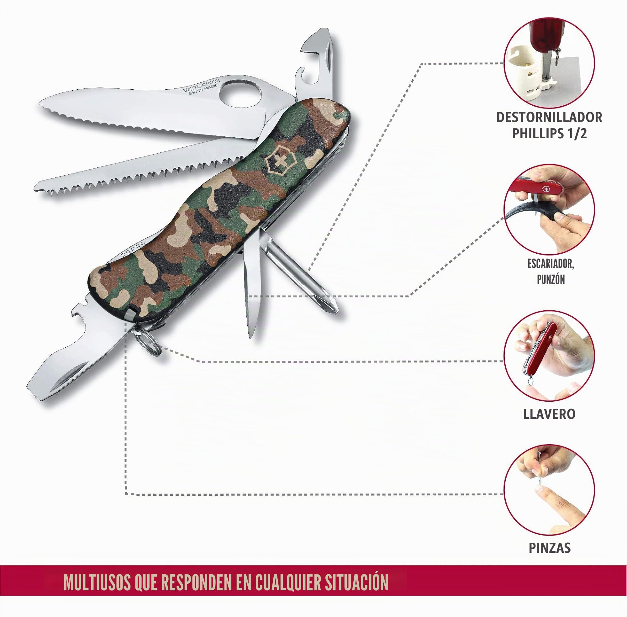 Victorinox Trailmaster, Navaja multiusos con 12 funciones, incluyendo hoja con bloqueo para una mano y sierra para madera, de color camuflaje