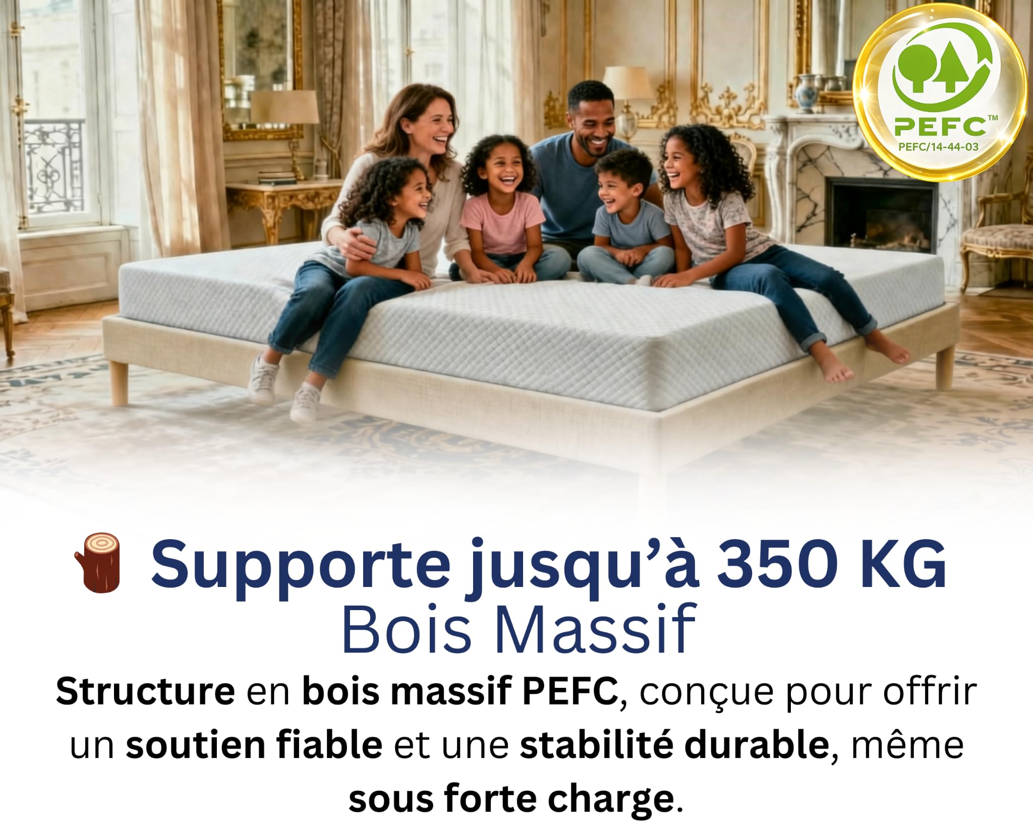 Sommier 140x190 Beige, Hauteur 30 cm, à Lattes Actives en Bois, Cadre Tapissé, Structure et Pieds Solide en Bois Massifs, Stable et Silencieux, Lit 2 Places pour Chambre Adulte